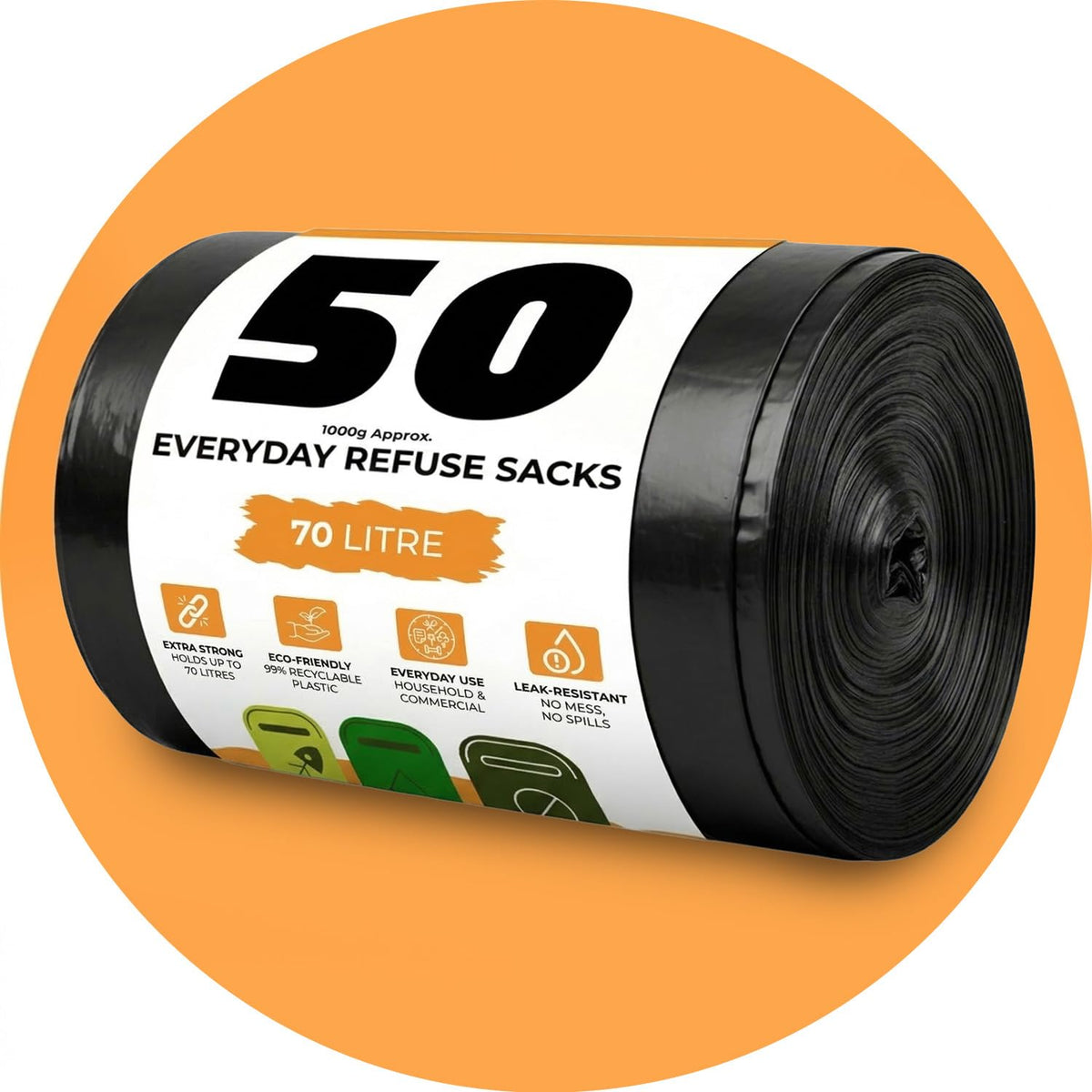 Roe Tenpo 100 Pack Heavy Duty Black Bin Bags – 100L, 33 μm Recyclable Refuse Sacks, Leak-Proof Bin Liners – Rubbish Bags for Kitchen, Home, DIY & Garden, Household, Office & Catering