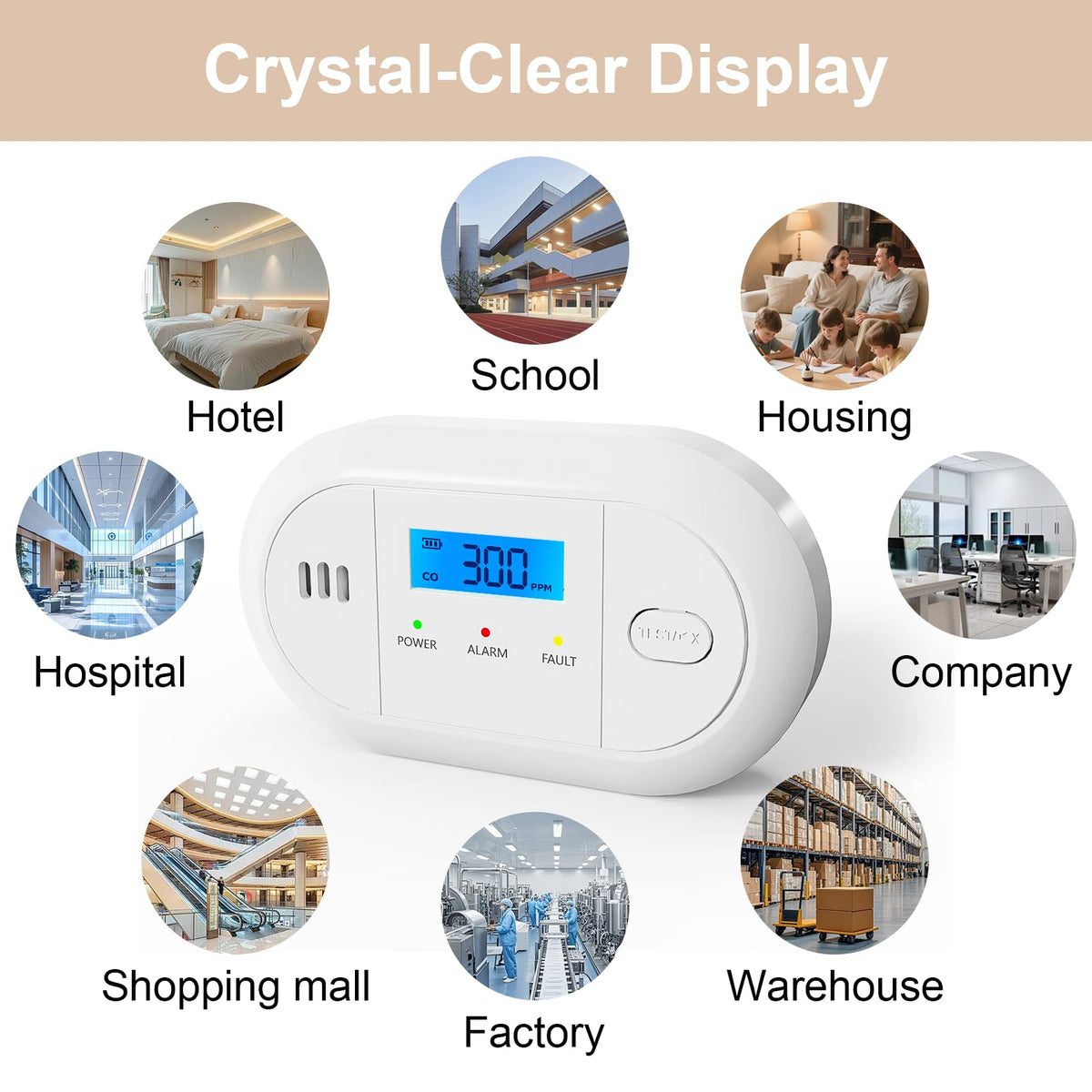 Carbon Monoxide Detector with LCD Display,CO Alarms Replaceable Battery Powered,10 Year Sensor Life Portable CO Detectors for Travel,1 PCS