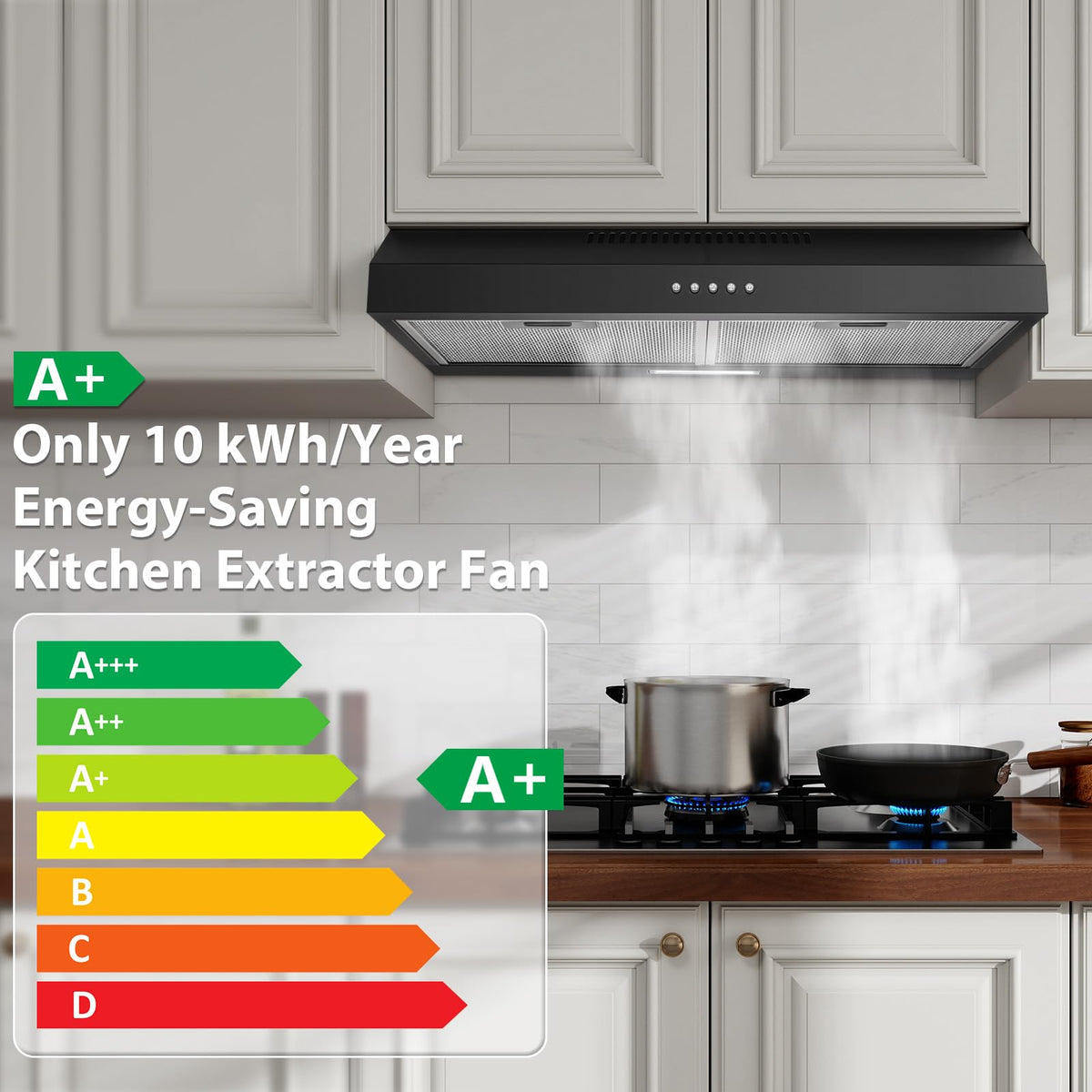 TopStrong 60cm Under Cabinet Cooker Hood, 250m³/h Slim Kitchen Extractor Fan, 3 Speed, A+ Energy Rating, LED Light, 430 Stainless Steel, Recirculating & Ducted Extractor Hood
