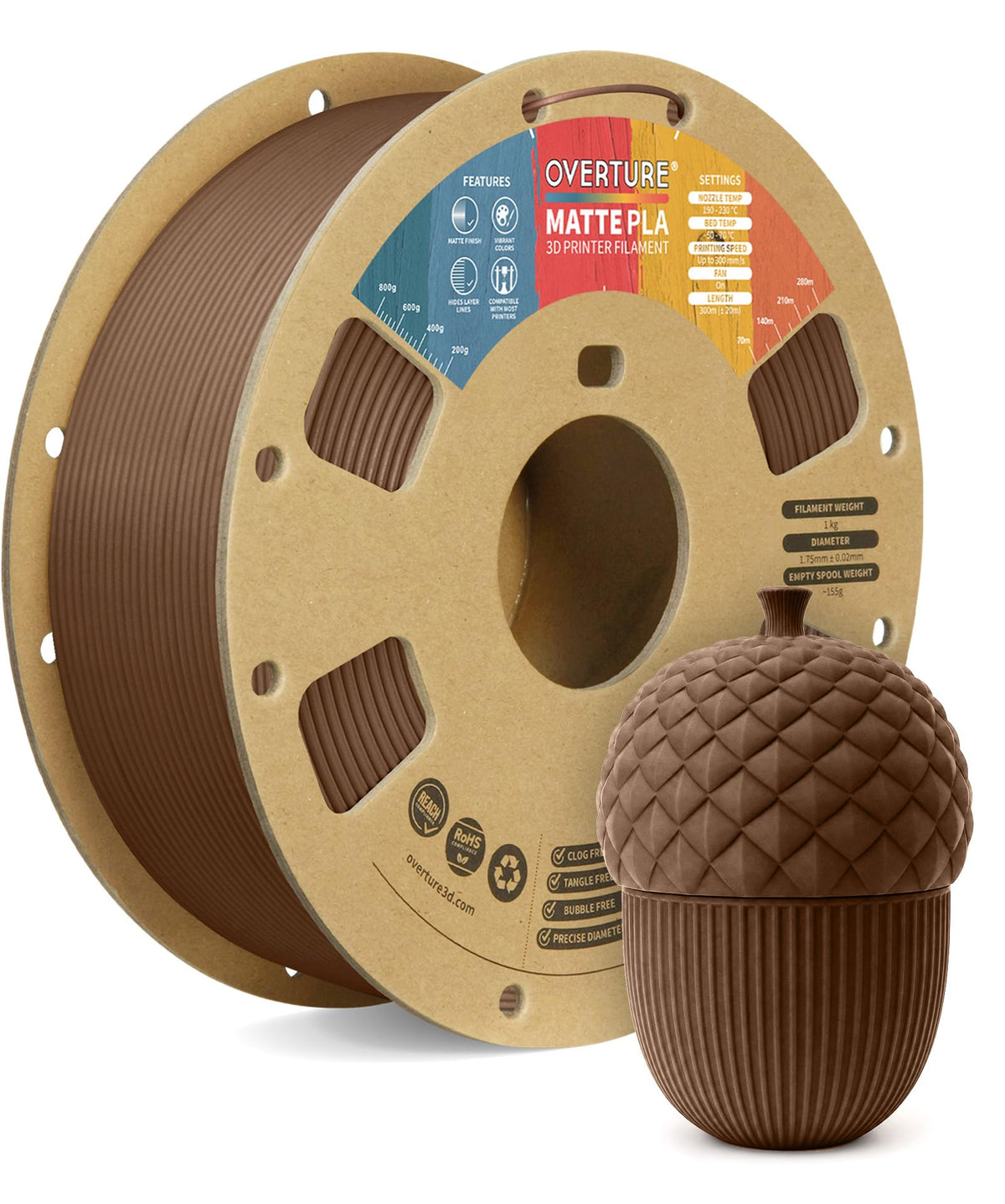 OVERTURE Matte PLA 3D Printer Filament 1.75mm, 1kg Light Brown