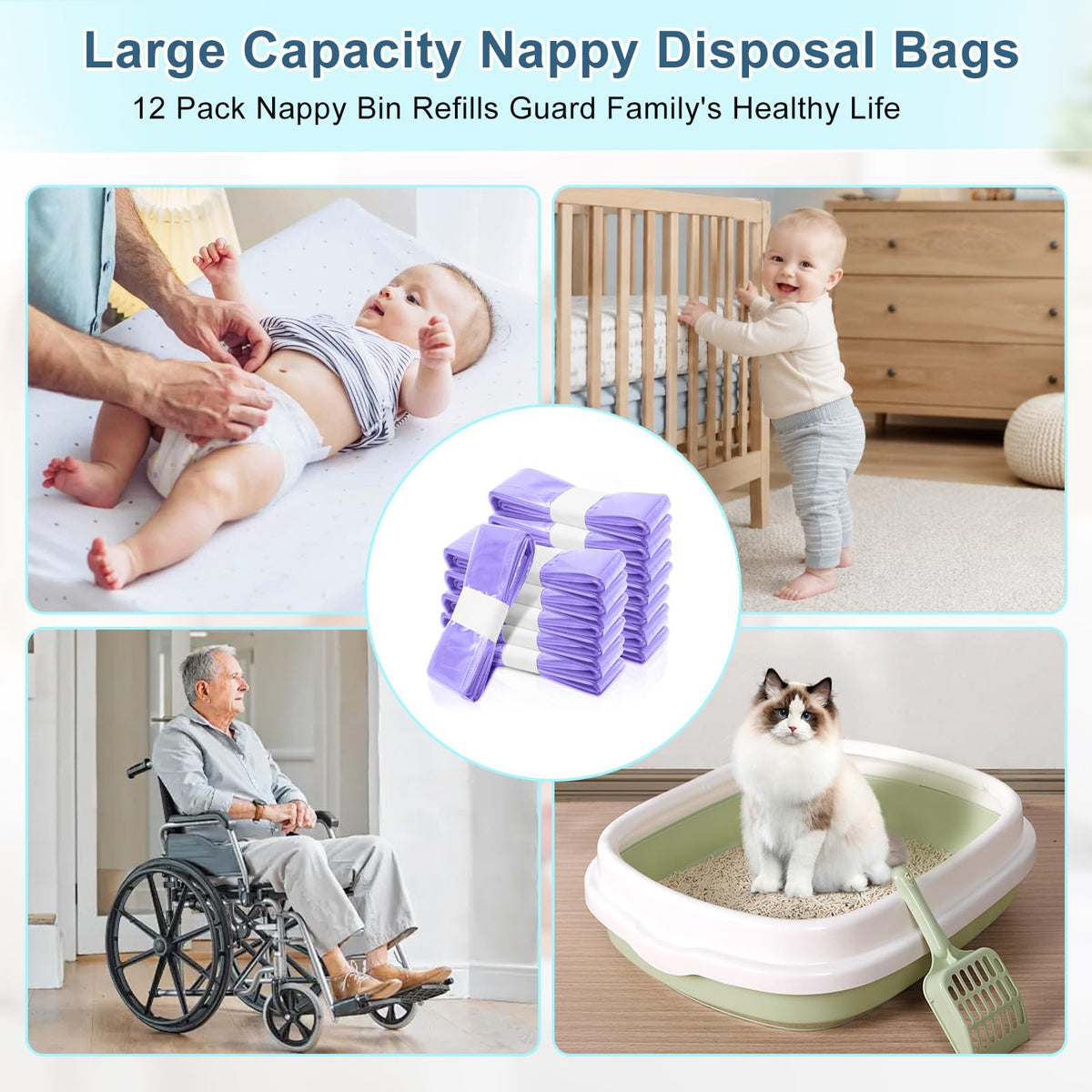 12er-Pack Nappy Bin Refills, vacvad 4.5m Diaper Bin Pail Disposal Bags, Nappy Bin Liners Replacement Strong Seal & Tear Resistance, Compatible with Most Nappy Disposal Systems (Blue)