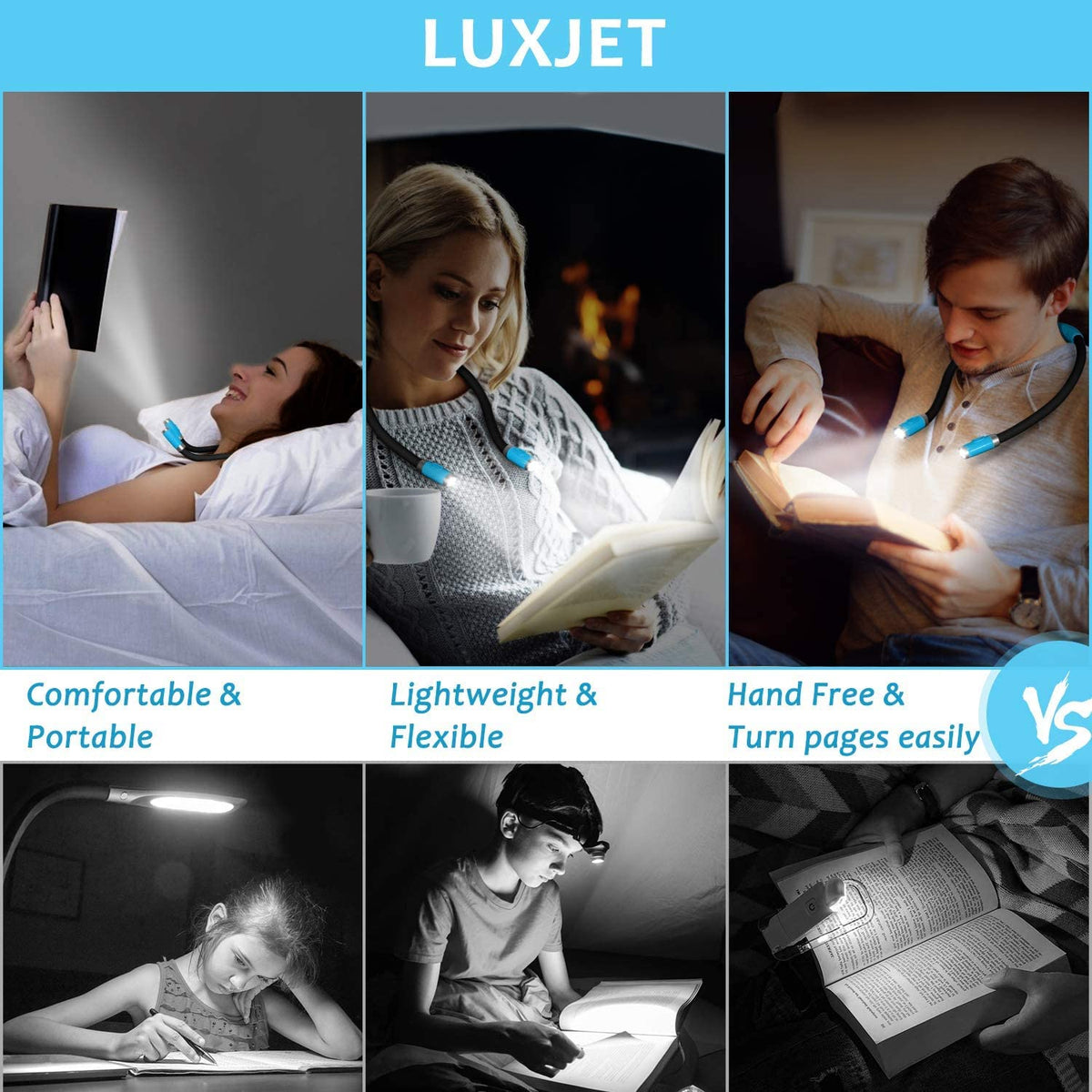 LUXJET Rechargeable Neck Book Light Night Lamp for Reading (Dark Blue)