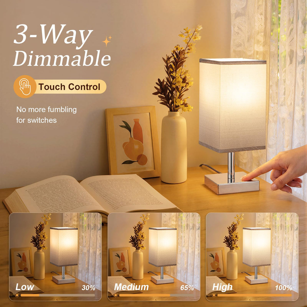 White Table Lamp for Bedroom, Small Bed Lamp with for Bedroom, Silver Base(Bulb Included)