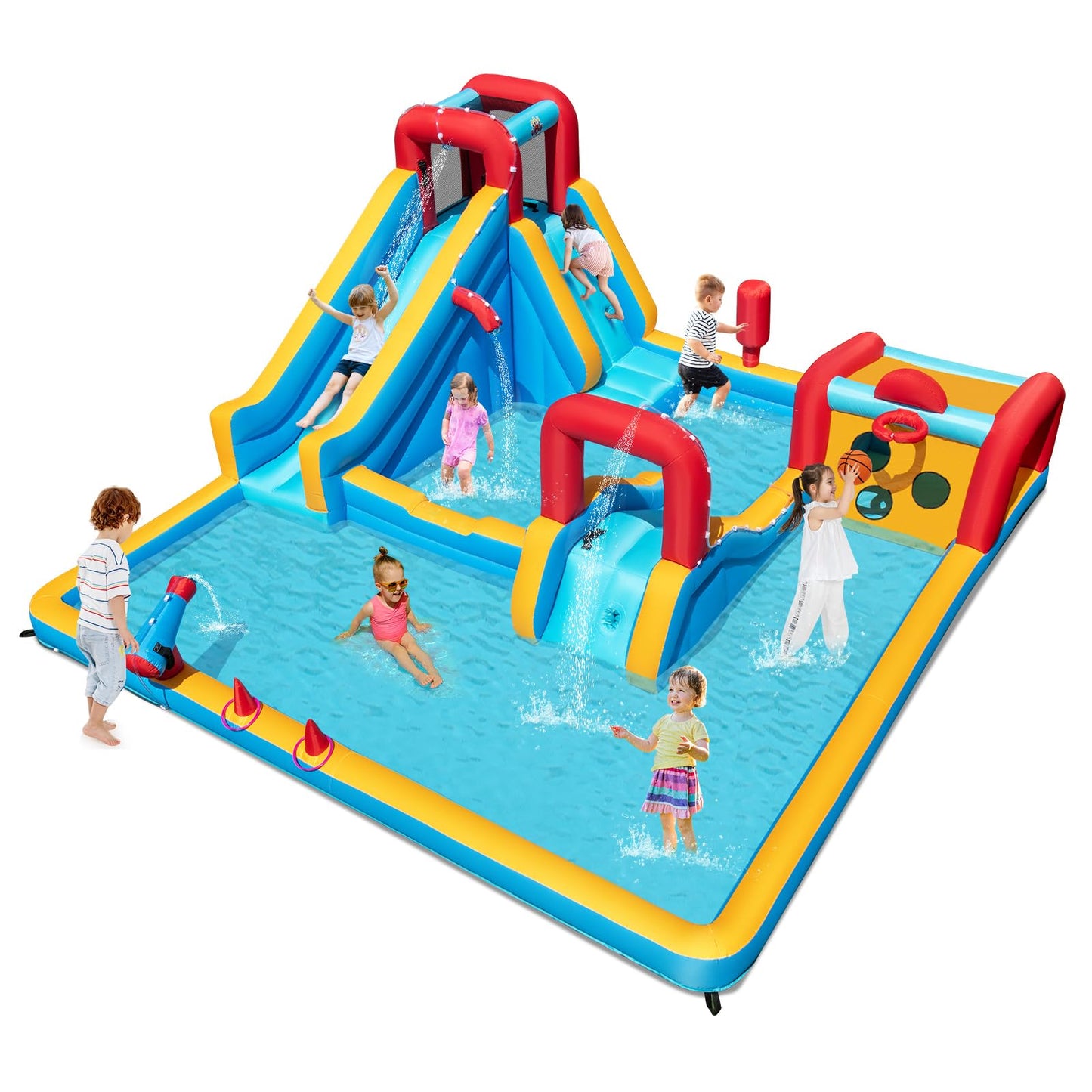 COSTWAY Inflatable Water Park, 9 in 1 Giant Kids Bouncy Castle with Double Slides, Climbing Wall, Splash Pools, Water Cannon, Outdoor Blow Up Bounce House for 3-12 Years Old (without blower)