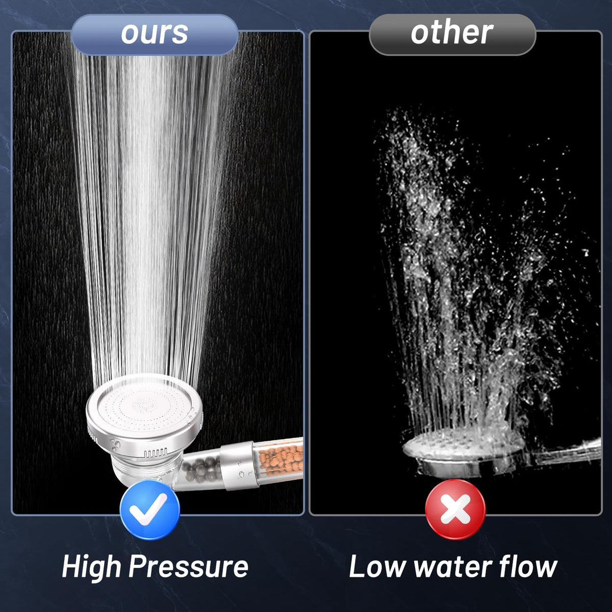 VEHHE High Pressure Shower Head with Filter Beads, 3 Spray Modes