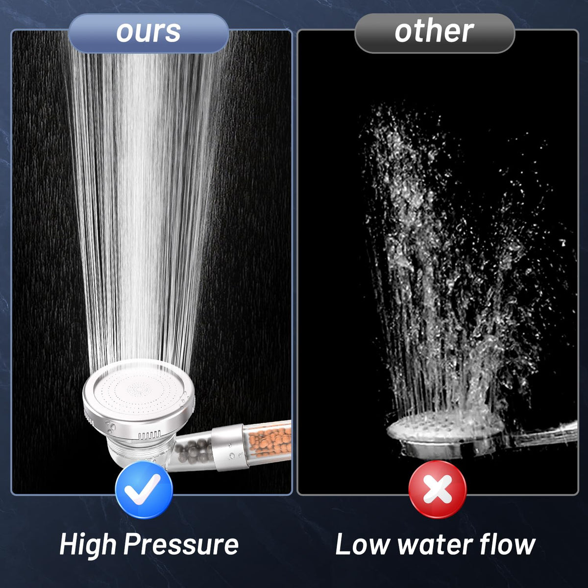 VEHHE High Pressure Shower Head with Filter Beads, 3 Spray Modes