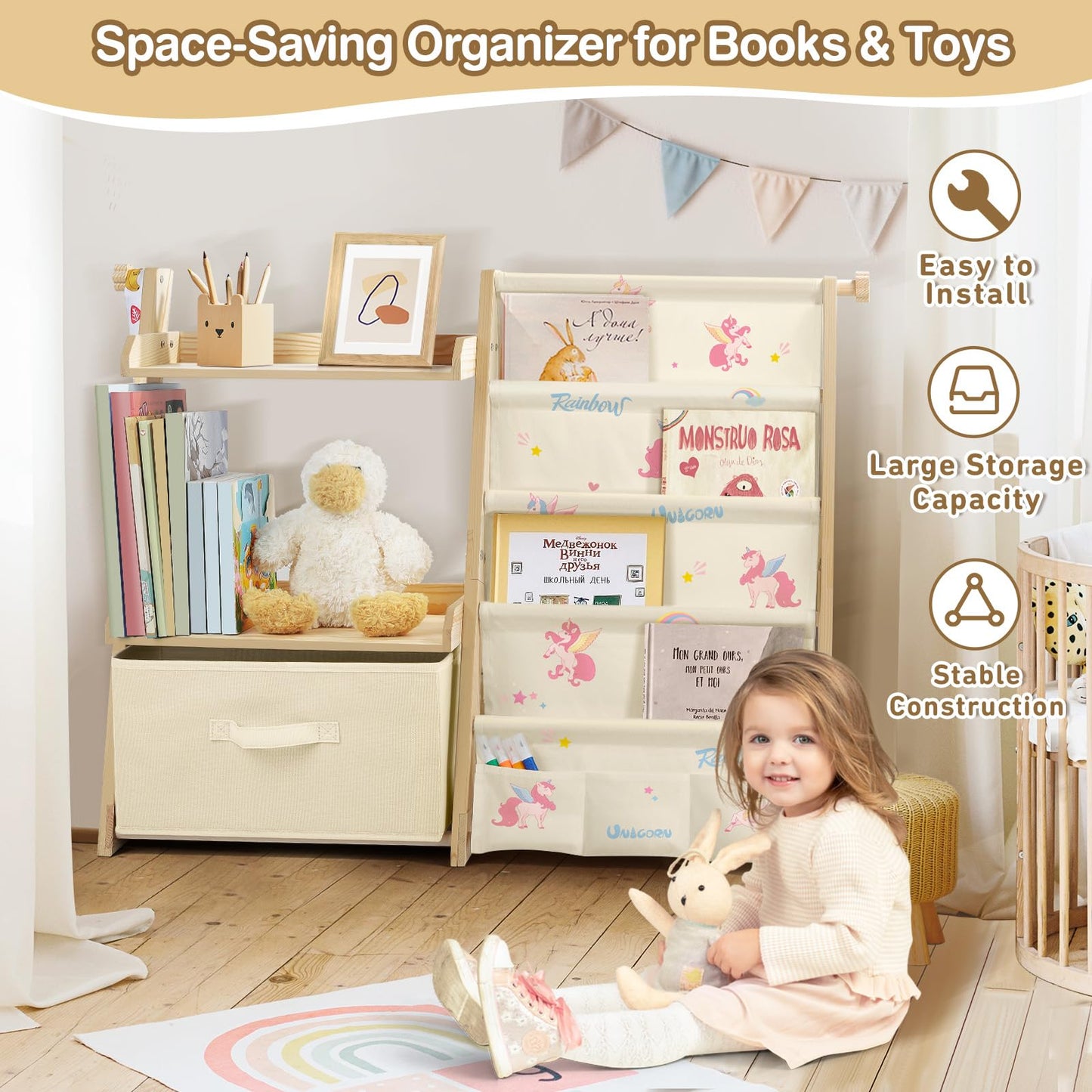 Kids Bookshelf and Toy Storage, Montessori Wooden Children Bookcase and Toy Organizer, 4-tier Toddler Sling Book Shelf with a Large Storage Box for Nursery, Bedroom, Playroom (Terrazzo)