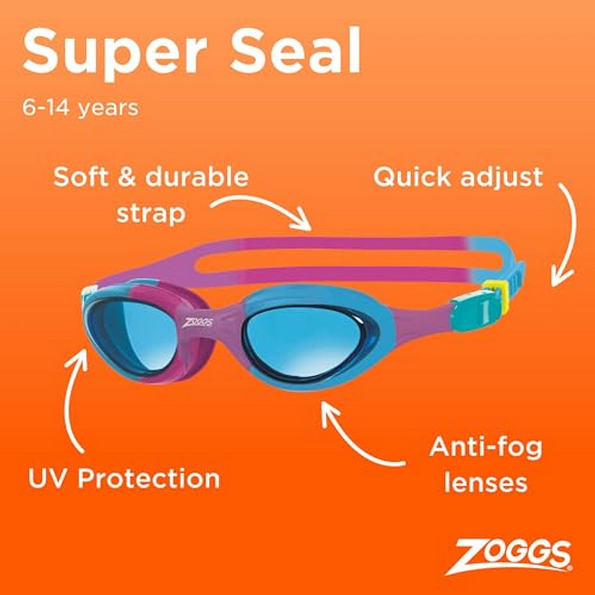 Zoggs Super Seal Kids Swimming Goggles, UV Protection, Quick Adjust Split Yoke Comfort Strap, Fog Free Clear Swim Goggle Lenses, Ages 6-14