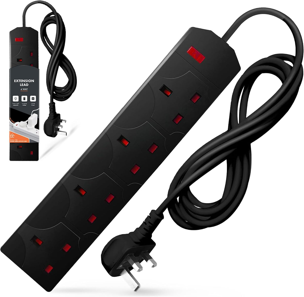 Wolf Power 4 Way Extension Lead, 2 Metre Extension Cable with UK 3 Pin Plug, Multi Socket Power Strip, Wall Mountable, Suitable for Home, Office & Appliances (Black, 1 Pack)