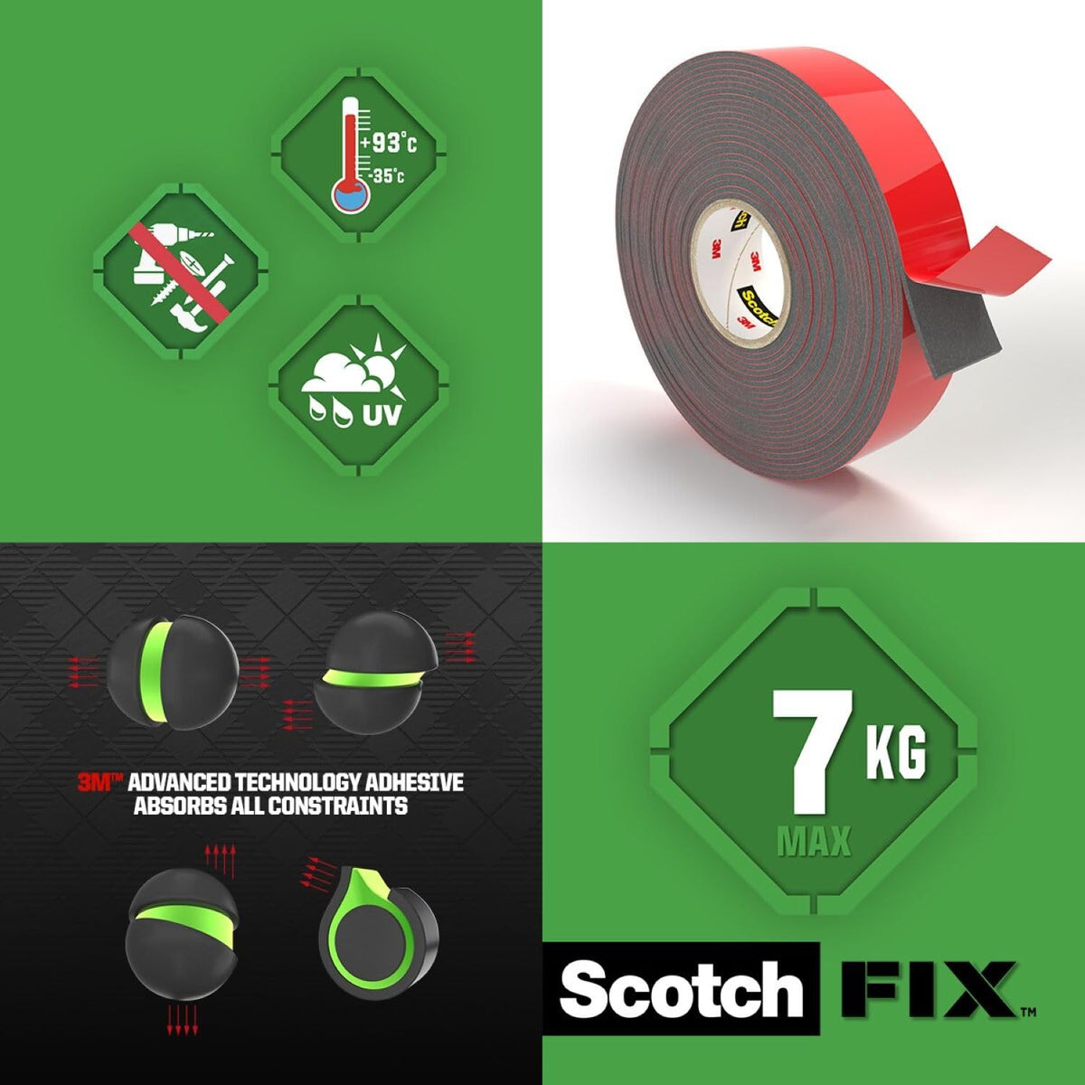 Scotch-Fix Double-Sided Extreme Exterior Mounting Tape, 19mm x 1,5m - For Outdoor Extreme Use, Weather Resistant, Permanent Tape, 100% Adhesive, 3M Advanced Technology - Holds up to 10kg
