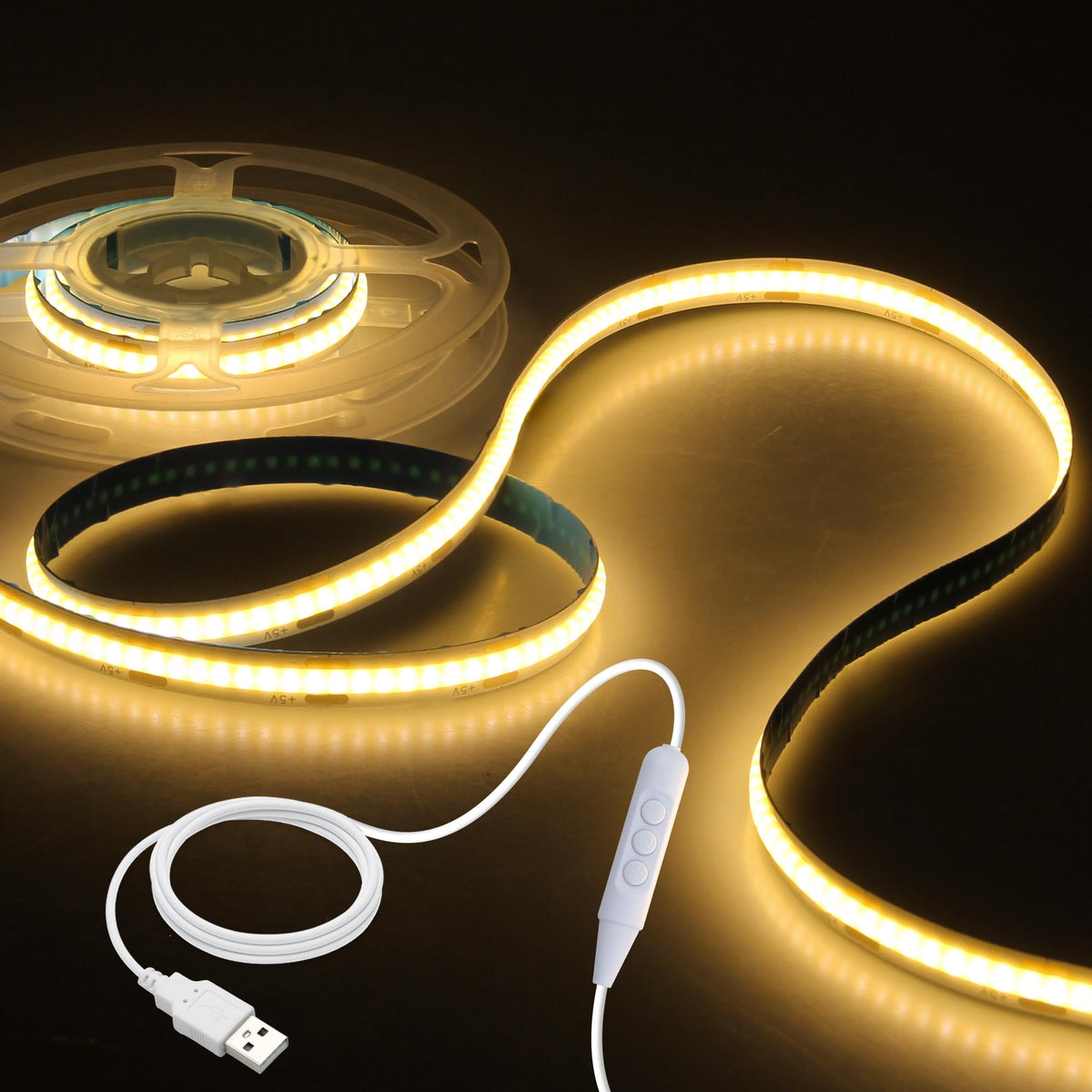 Aclorol 3M COB LED Strip Light Warm White 3000K 5V USB Flexible LED Light Strip 8mm Width Dimmable CRI85+ Dotless Tape Light High Density 320LEDs/M for Bedroom Kitchen Under Cabinet Home Decor