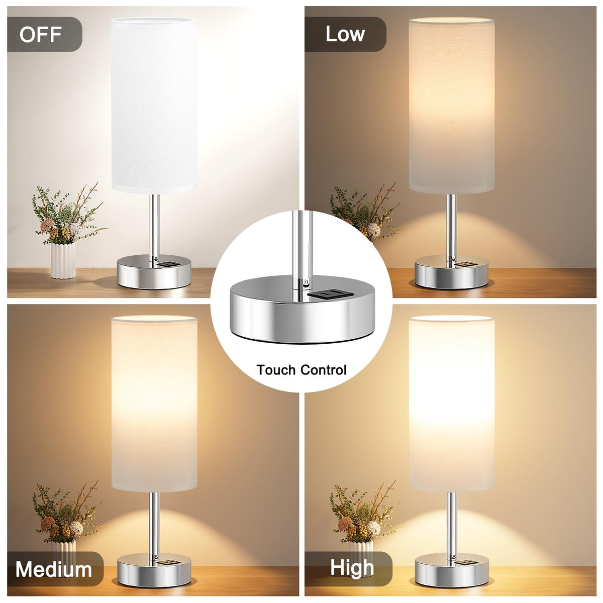 Aooshine Grey Table Lamp, 3-Way Dimmable, USB A + C Charging