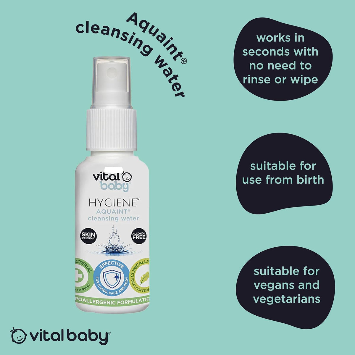 Vital Baby Aquaint Cleansing Water 50ml, 2 Pack| Hypoallergenic, Antibacterial