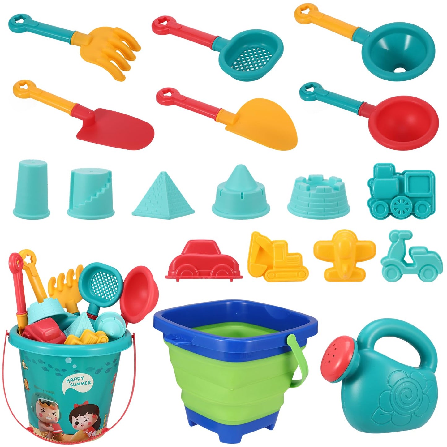 Beach Sand Toys Set, 19Pcs Sand Pit Toys With Collapsible Bucket and Spade Beach Set Kids Sand Sandpit Toys for Toddlers, Outdoor Fun Sand Toys for Boys Girls Toddlers Age 3 4 5 6 7 8
