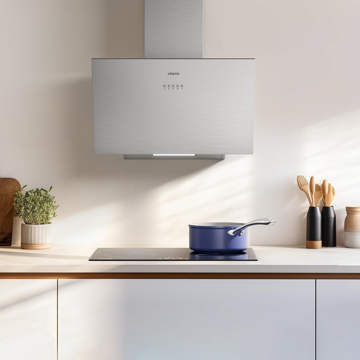 CIARRA CBCB6736C Angled Cooker Hood 60cm with CBCF002X2 Carbon Filters Recirculating & Ducting LED Lights Black Painting&Tempered Glass Wall Mounted Range Hood 600mm Kitchen Extractor Fan