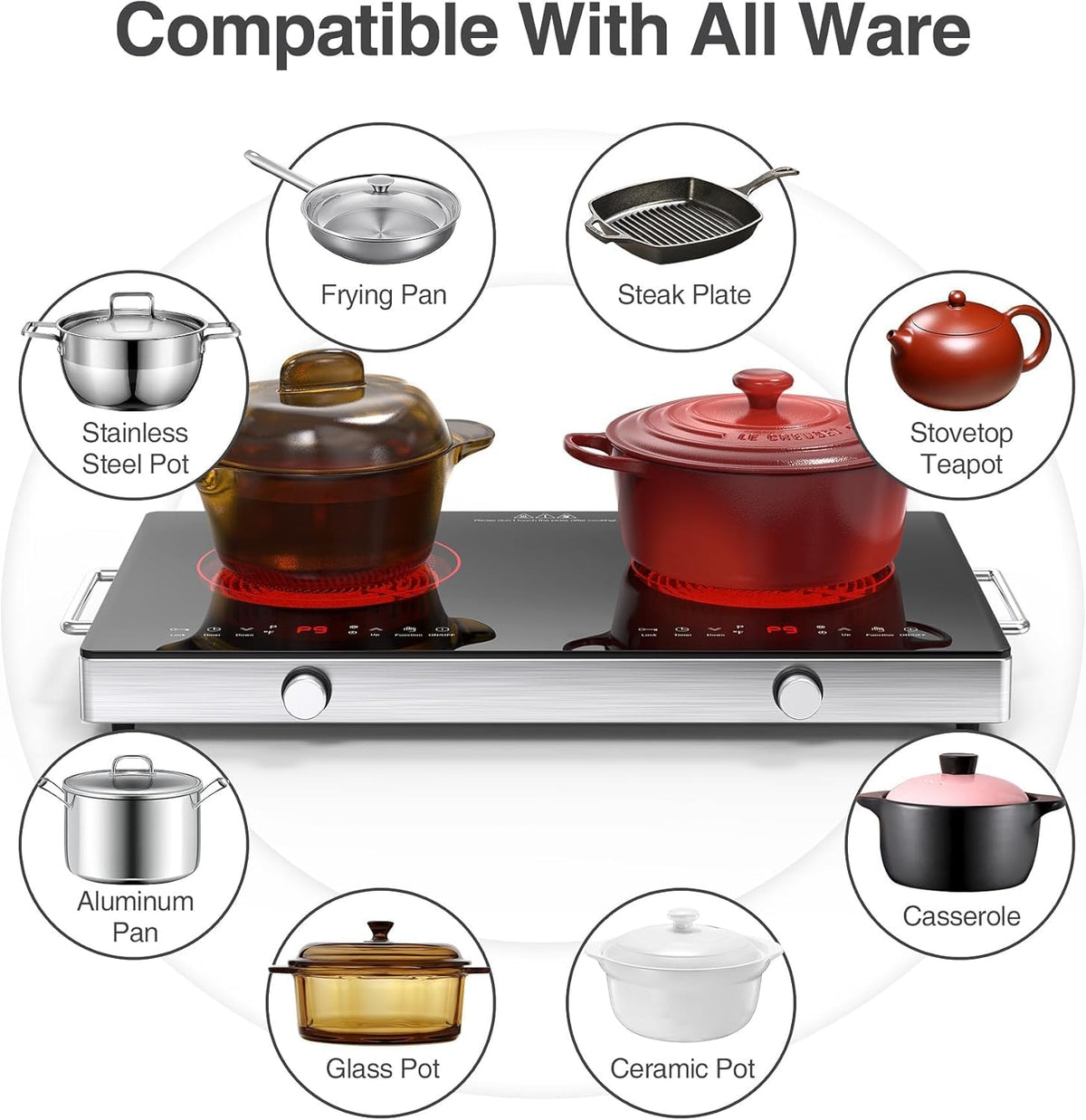 VBGK 2 Ring Electric Hob with Knob, 220V 3000W Double Ceramic Hob, 9 Power Levels, Kids Lock & Timer, Hot Surface Indicator, Overheat Protection, Knob and Touch Control Double Electric Hob