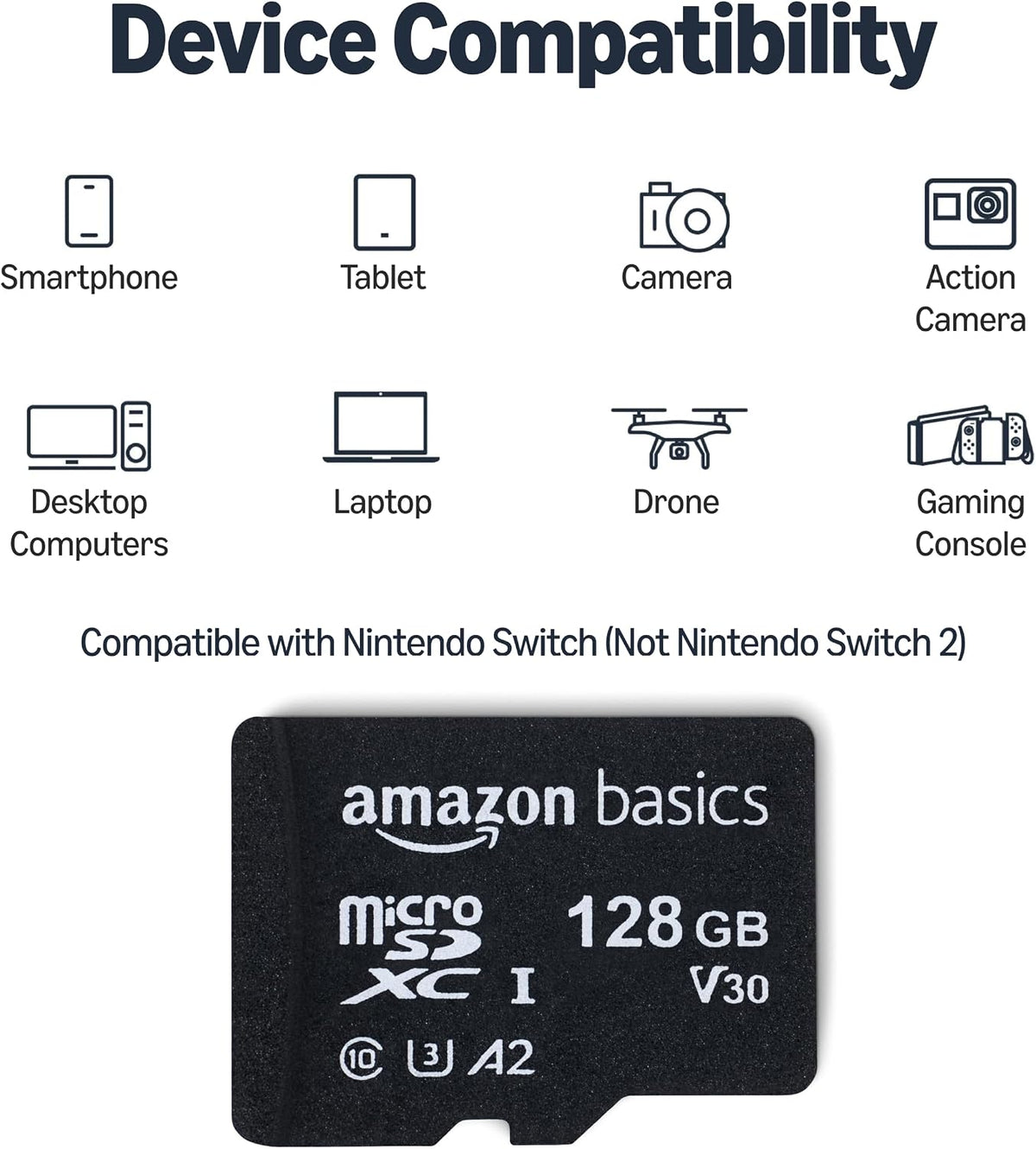 Amazon Basics microSDXC Memory Card with Full Size Adapter, A2, U3, Read Speed up to 100 MB/s, 128GB, Black