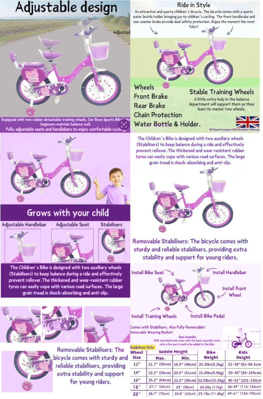 Girls Bike 16" Purple with Stabilisers, Basket & Bell — Adjustable Seat & Handlebars