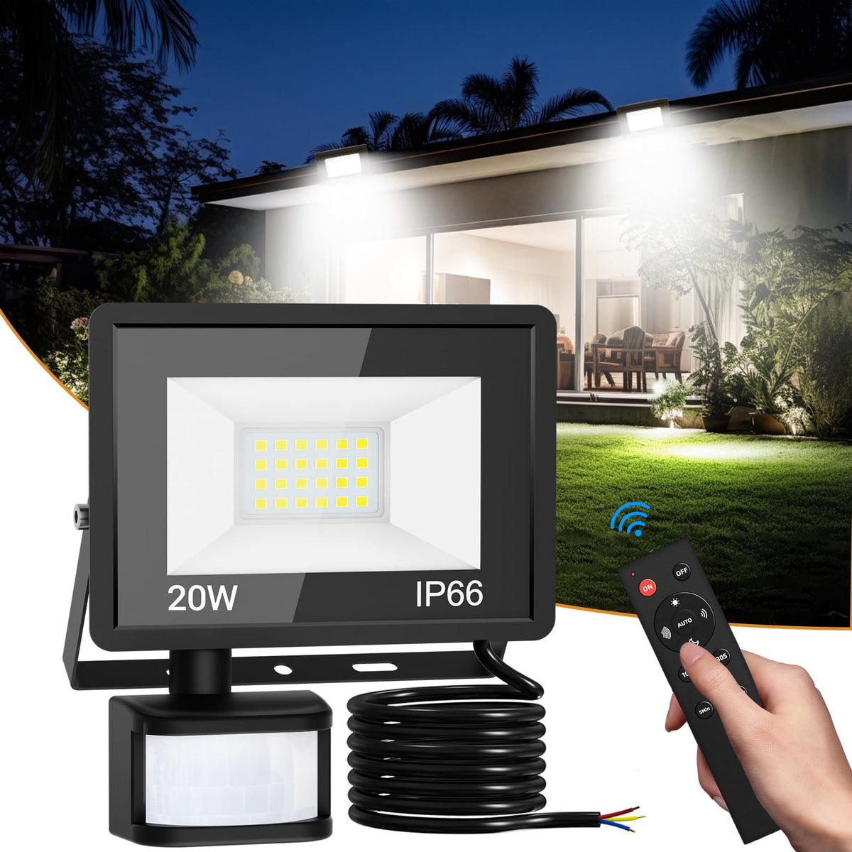 vighep Security Lights Outdoor Motion Sensor, 100W Led Pir Floodlight with Remote Control, 6500K Cold White IP66 Waterproof Outside Wall Light Mains Powered for Garage Backyard Garden Doorway