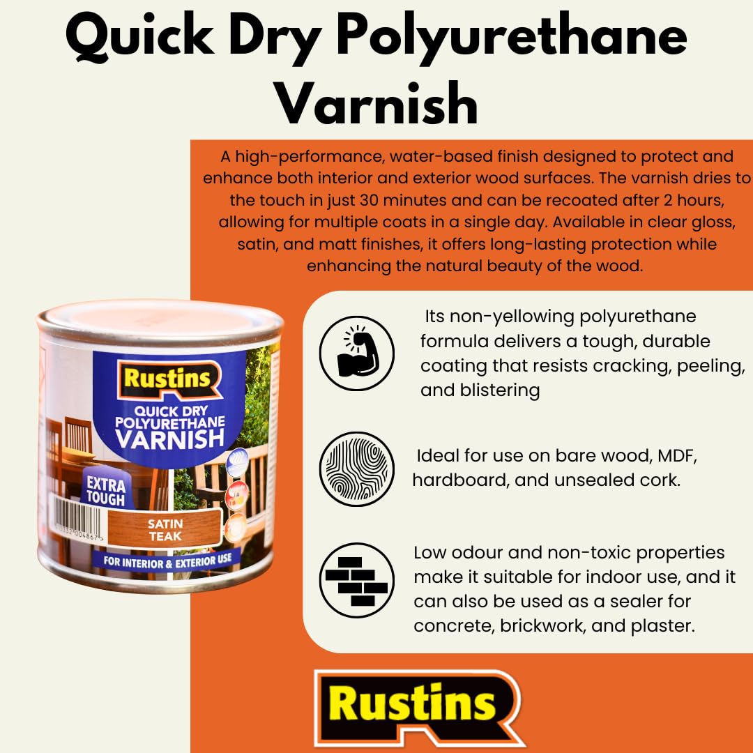 RustinsQuick Dry Poly Varnish Satin Clear 500ml -Tough, Water-Based Clear Finish in Gloss, Matt or Satin; Durable Protection for Interior Wood, Furniture and Floors