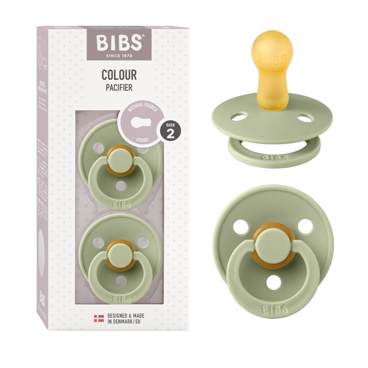 BIBS Colour Soother 2-Pack, BPA Free Dummy Pacifier, Round Nipple. Natural Rubber Latex, Made in Denmark, Size 2 (6-18 Months), Baby Blue