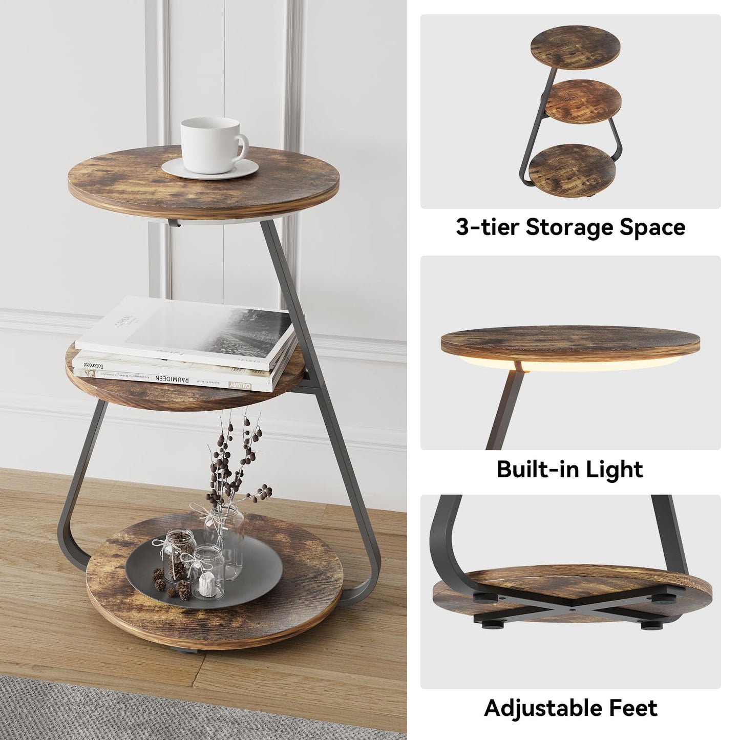 ARTETHYS Side Table, Small Round Coffee Table with 3 Color LED Lights, End Table with 3 Tier Storage Shelves, Bedside Sofa Side Tables for Living Room Bedroom, Rustic Brown