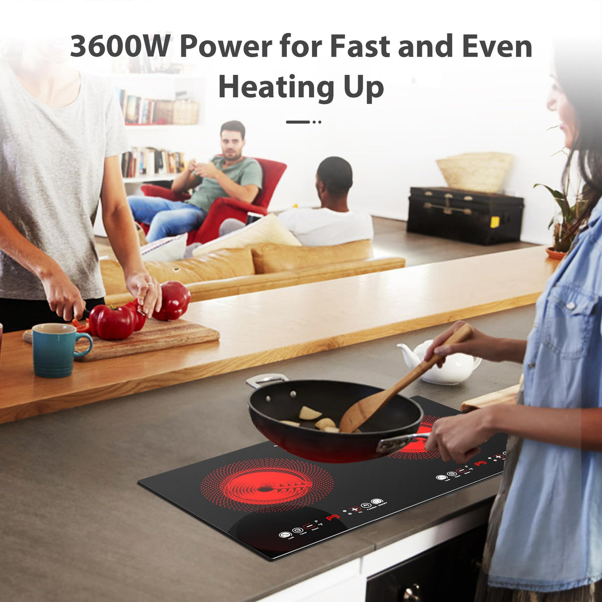 VBGK Double Induction Hob,220V 3600W 2 Ring Induction Hob with Knob Control,9 Power Levels, Kids Lock & Timer,LED Touch Control,Overheat Protection