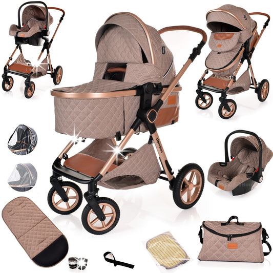 Boneelook 3-in-1 Baby Pram Travel System — Aluminium Frame, All-Terrain Wheels, One-Click Fold | Beige & Rose Gold