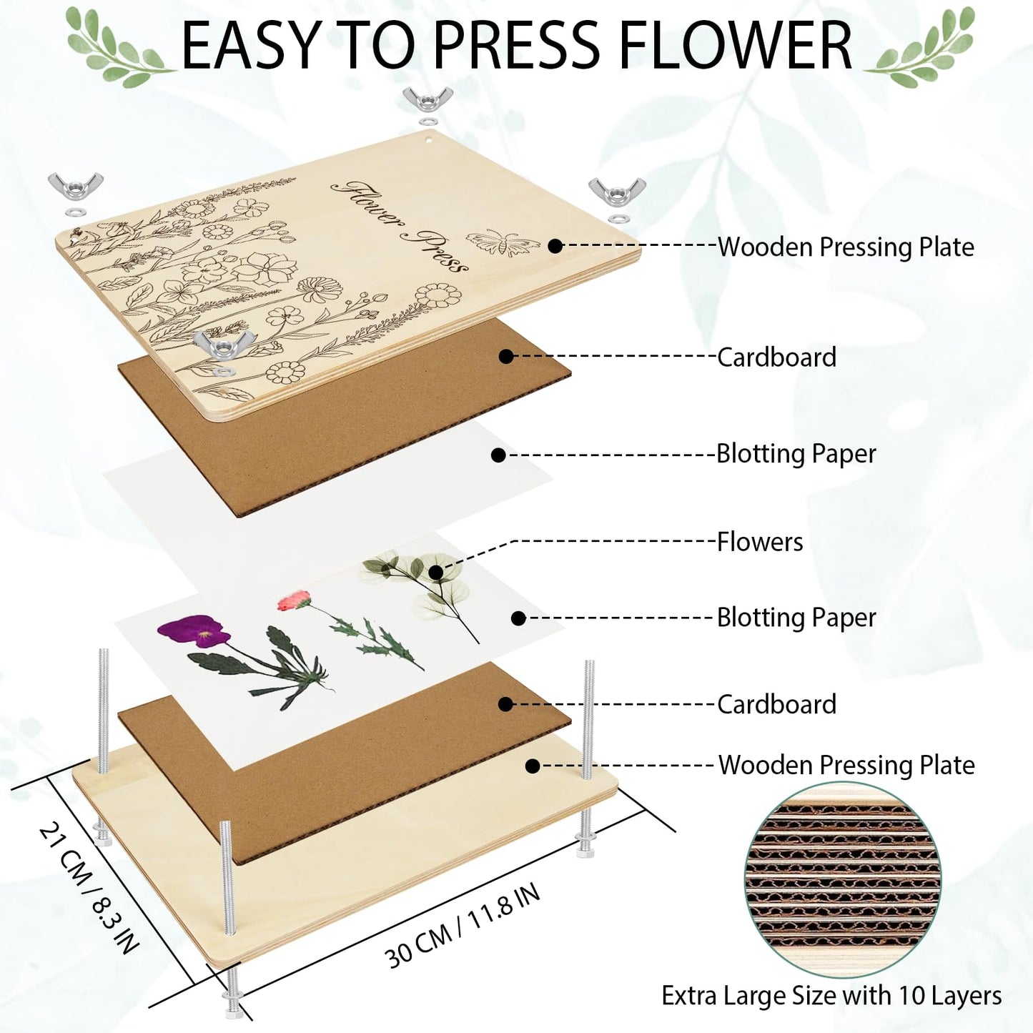 Sanlebi Large Flower Press for Adults Kids - 11.8x8.3 Inches (30x21cm) 10 Layers DIY Wooden Flower Pressing Kit with Storage Bag Arts and Crafts Kits for Adults Great Gift