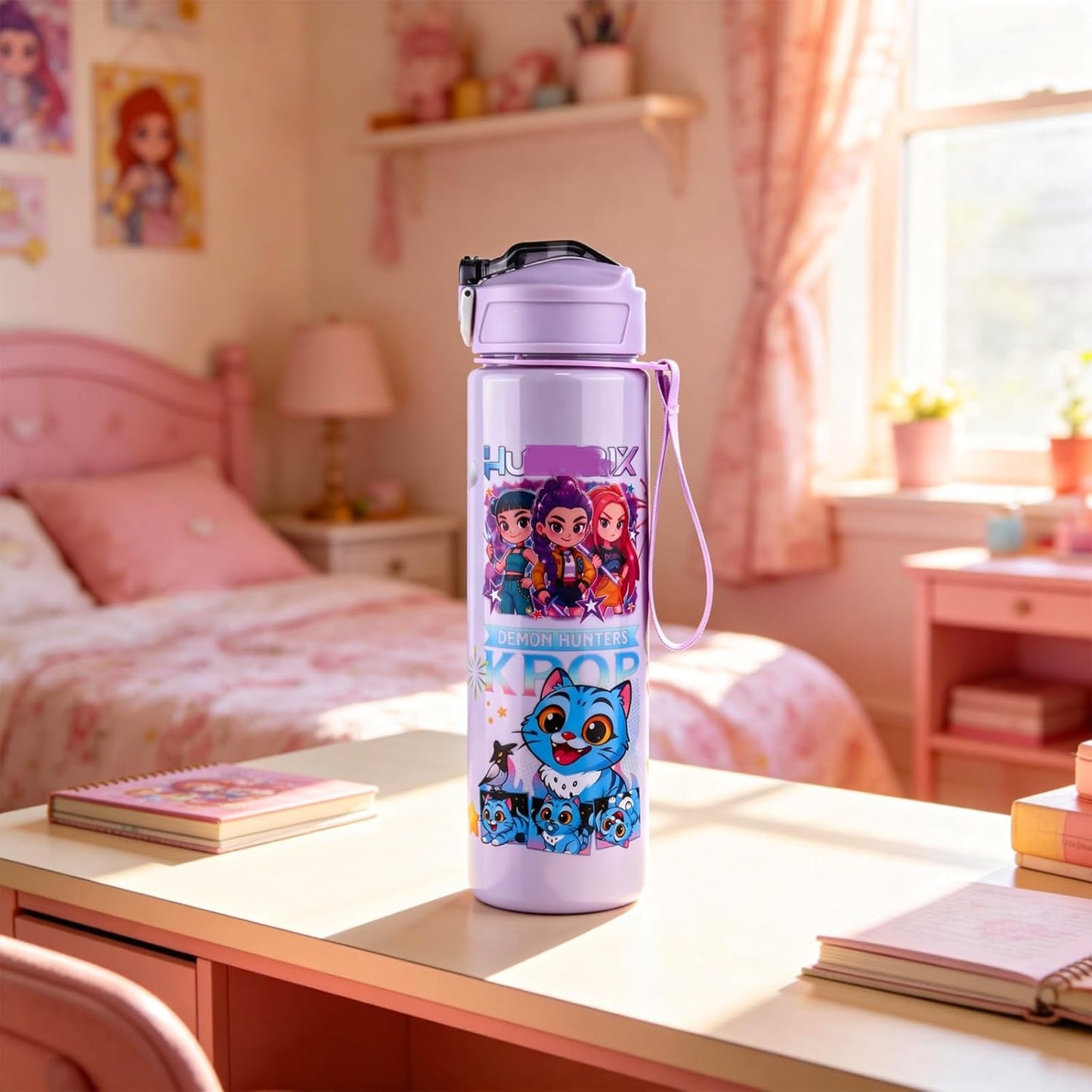 750ML/25OZ Water Bottle with Straw,K-popS Double-Sided Cartoon Pattern Girls Boys Water Bottle,Leakproof Kids Water Bottles With Handle,Drinks Bottle for School,Camping,Travel,Party