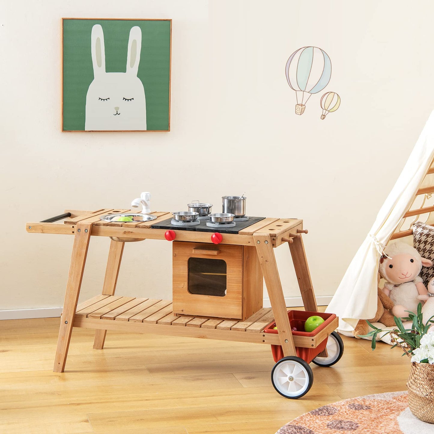 COSTWAY Wooden Mud Kitchen, Outdoor Kitchen Playset with Umbrella, Sink, Storage Cabinet and Accessories, Wheeled Role Pretend Cooking Cart for Kids Toddlers (Natural+White)