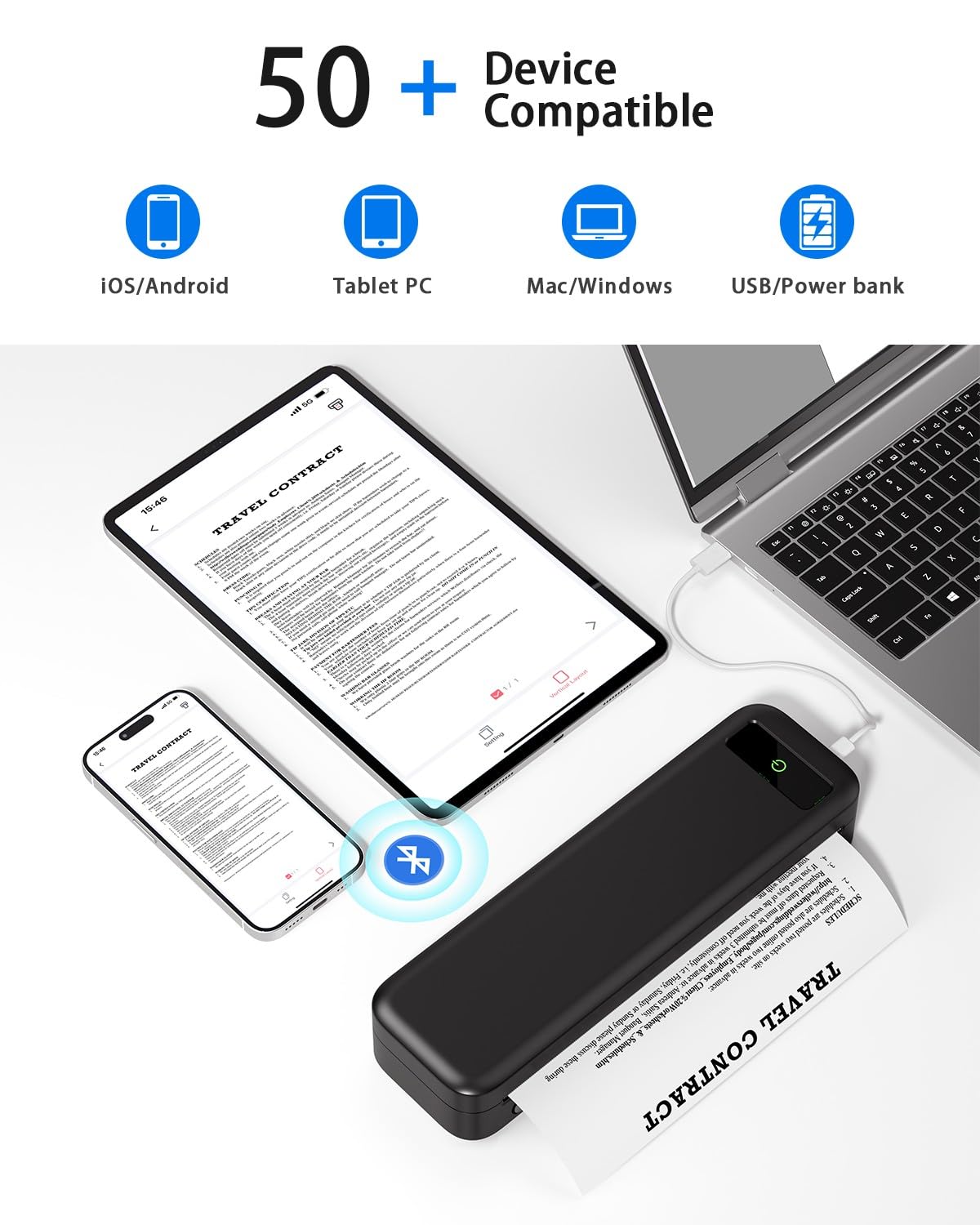 Portable Thermal Printer A4 Inkless Wireless Bluetooth Small Mobile - Black