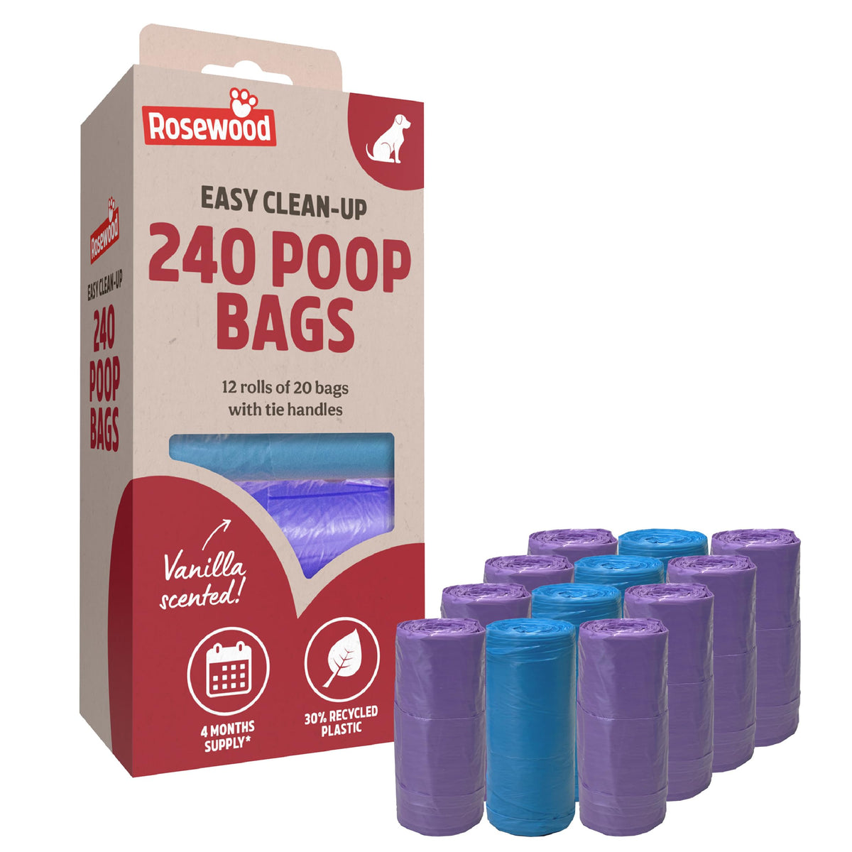 Rosewood Dog Poo Bags with Handles - 100 Easy Clean-Up Poop Bags, Loose Packed Dog Waste Bags with Tie Handles, Lightly Scented, Black