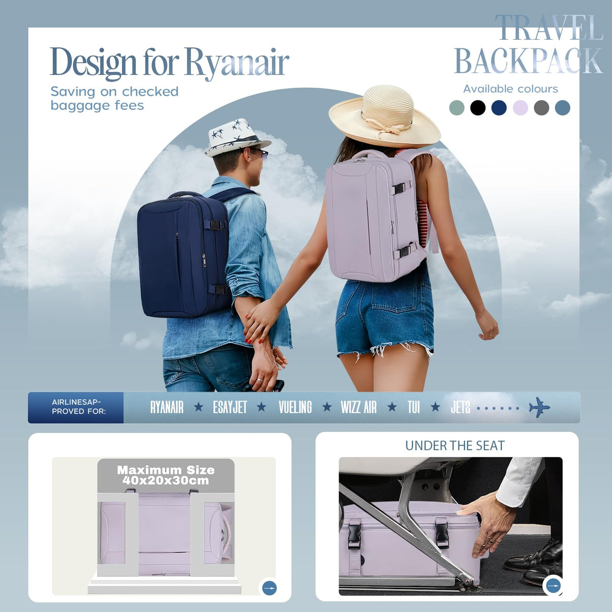 Xkdoai for Ryanair Cabin Bags 40x30x20,Backpack with TSA Approved Clear Bag
