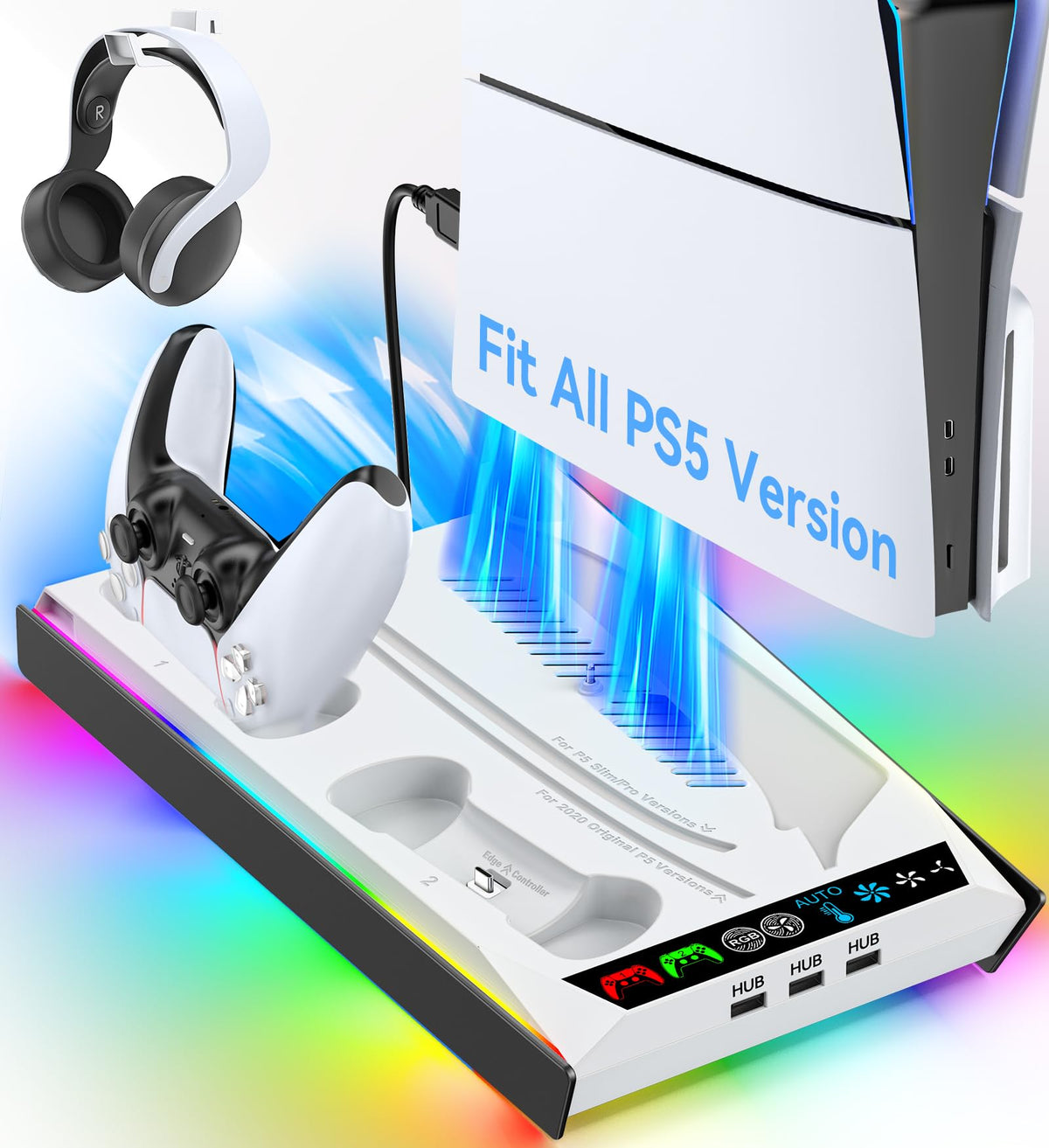 Rysker PS5/Slim/Pro Stand, PS5 Cooling Station Built-in 3-Level Cooling Fan & Fast Charger for Disc & Digital, PS 5 Accessories with Safety Screw and Headset Holder