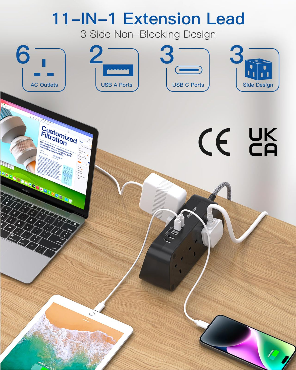 Addtam Extension Lead with USB Slots, 6 Way Outlets 5 USB(5A, 3USB- C Port)