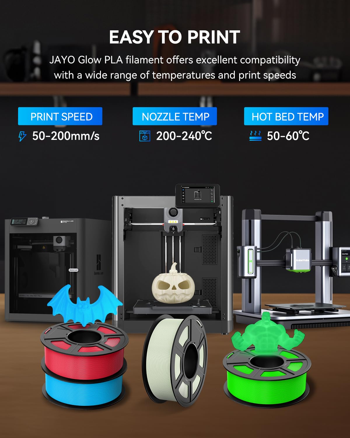 JAYO PLA 3D Printer Filament 1.1KG Black, PLA Filament 1.75mm, Dimensional Accuracy +/- 0.02mm, Neatly Wound Filament, Fits Most FDM Printer.