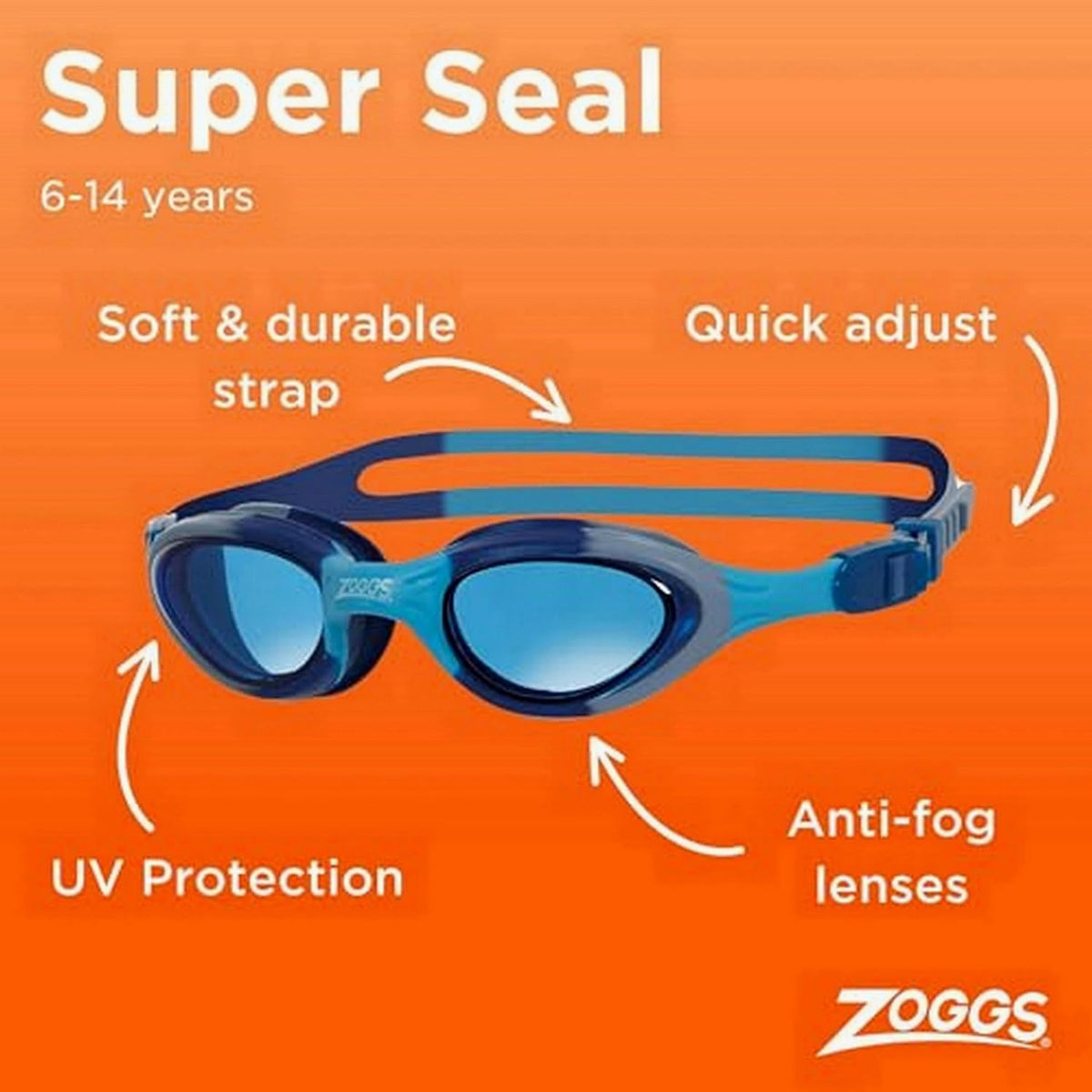 Zoggs Super Seal Kids Swimming Goggles, UV Protection, Quick Adjust Split Yoke Comfort Strap, Fog Free Clear Swim Goggle Lenses, Ages 6-14