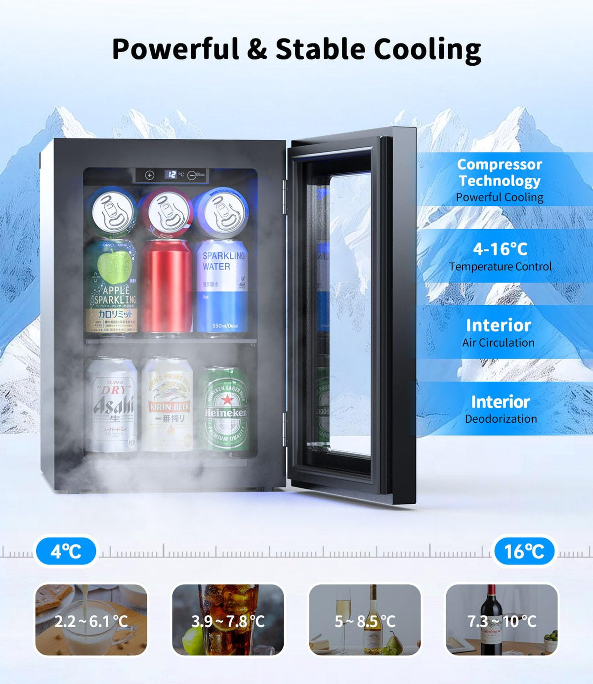 WIE 48L Drinks Fridge with Glass Door, Beer Fridge for 68 Cans or 12 Wine Bottles, Mini Fridge 4-16°C Touch Control, Quiet Beverage Refrigerators with LED Light, Reversible Door for Home, Bar, Office