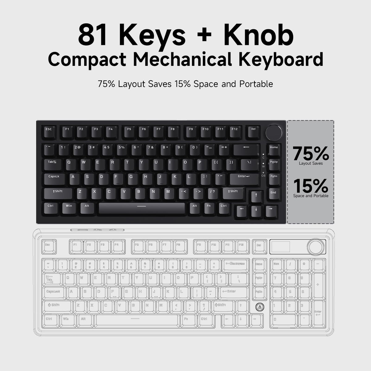 AJAZZ AK820 Wired Mechanical Keyboard, 75% Gaming Keyboard with Volume Control Knob, PBT Keycaps, 82 Keys, Five-Layer Sound Insulation Pad, South-Oriented RGB, Full-Key Hot Swap, Black Grey Yellow