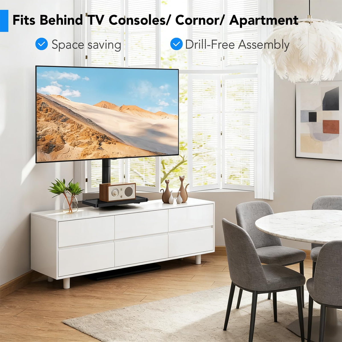Floor TV Stand with Mount for 26-55 inch TVs up to 35 kg, Height Adjustable Swivel Tilt TV Stand with Wood Base & Shelf, Saving Space Design for Bedroom, Living Room and Corner, White