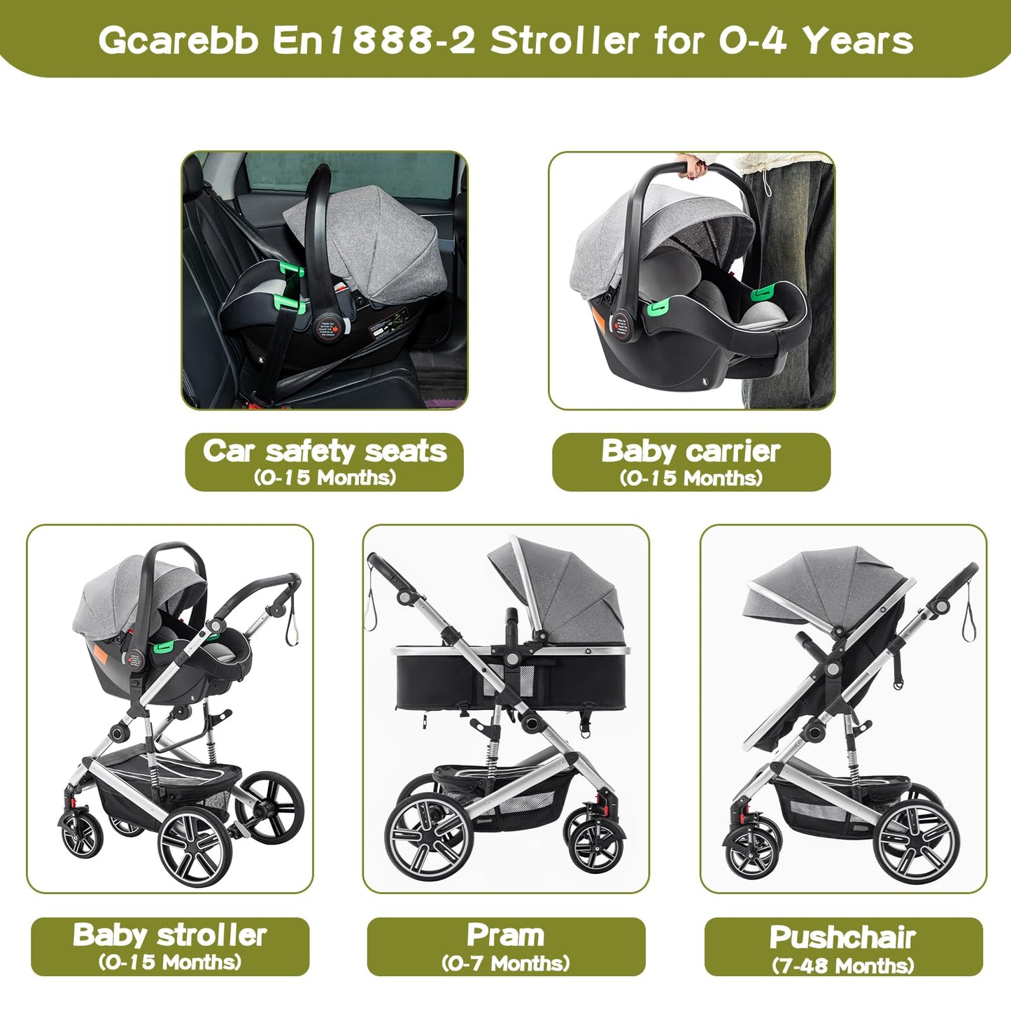 Gcarebb 3 in 1 Prams Travel System, Pushchair with Height Adjustable Handle, Travel Pram with Mosquito Net, Baby Stroller with Aluminum Frame for Newborn 0-4 Years