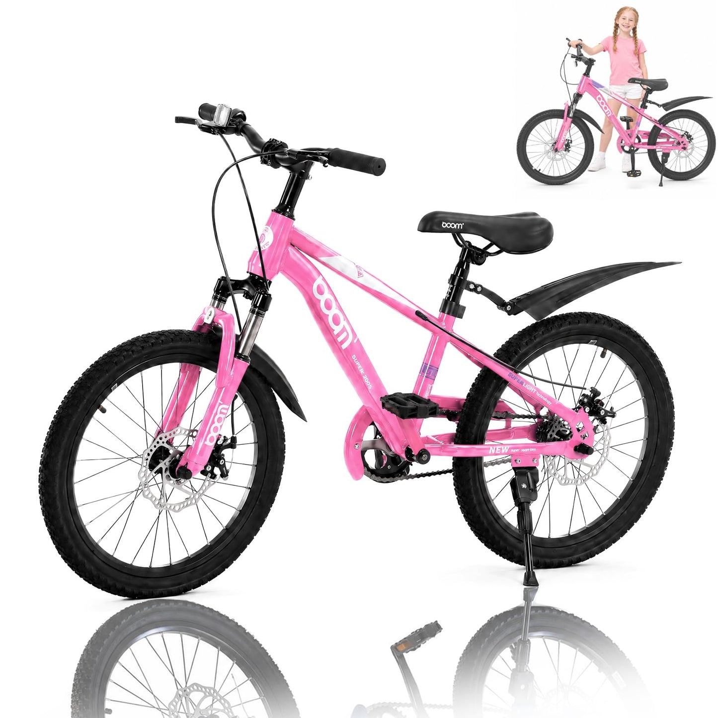 BSTSEL Kids Road Bike 18" with Front Suspension, Disc Brakes & Kickstand — Pink