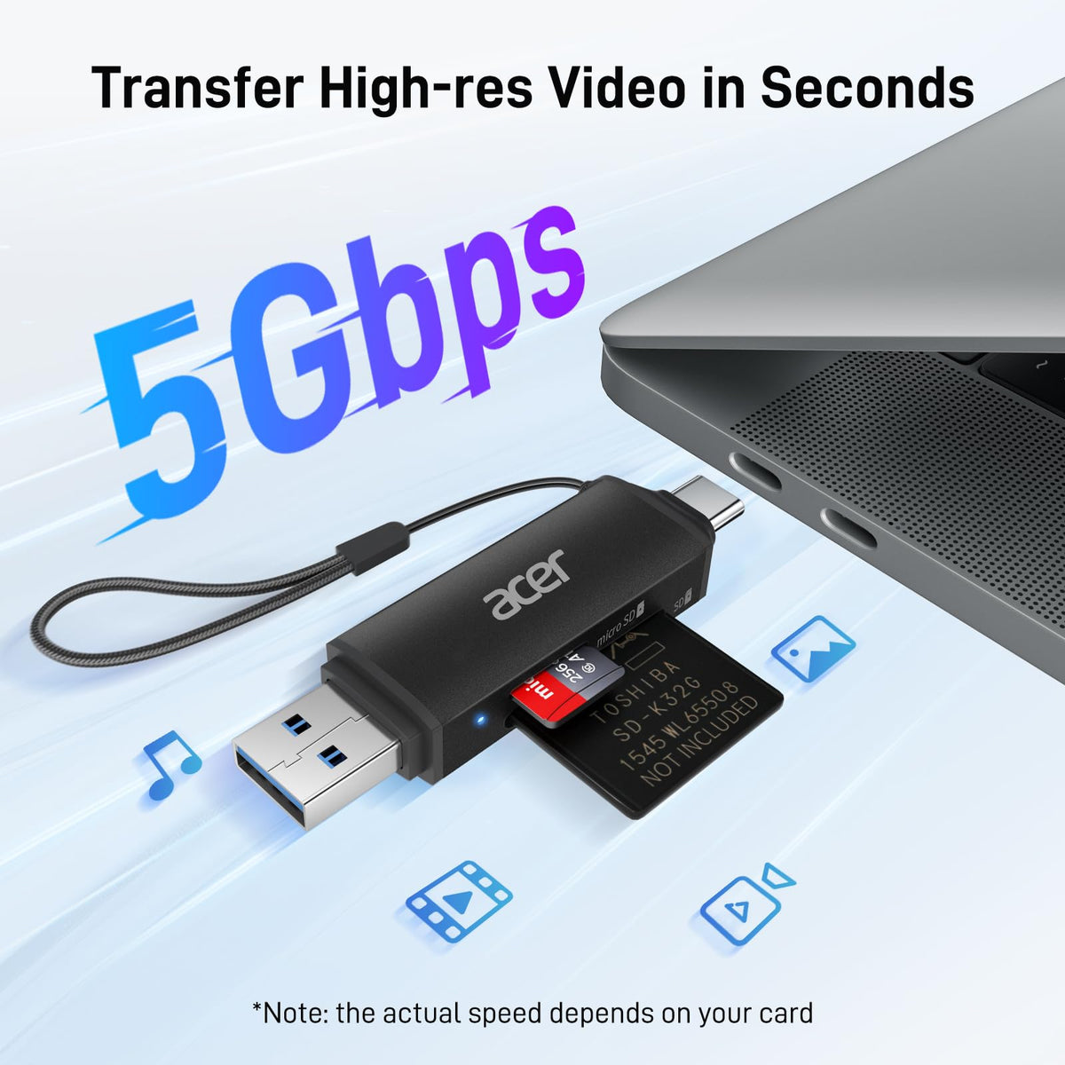 Acer SD Card Reader, USB C & USB 3.0 Memory Card Reader Adapter, Black