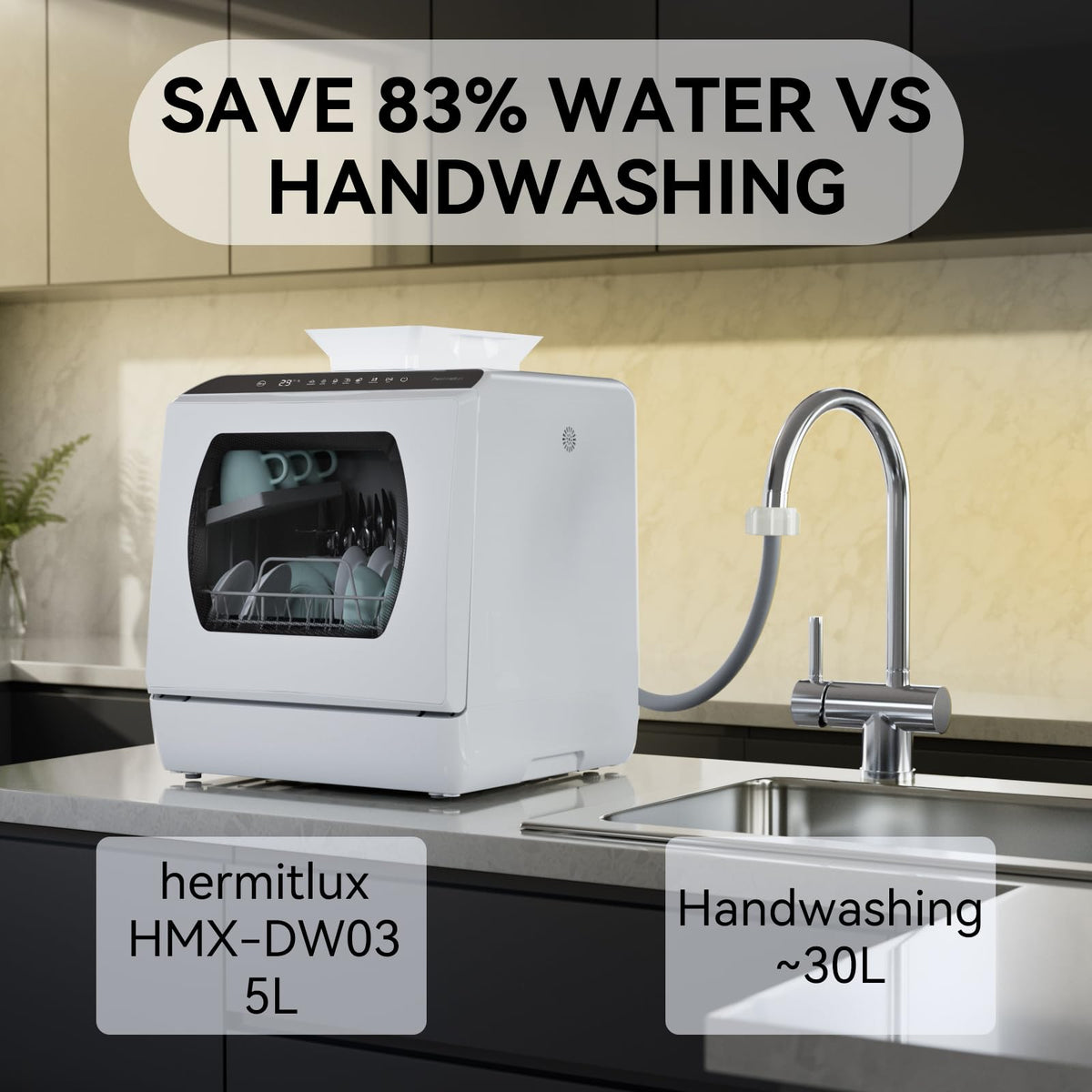 Hermitlux Table Top Dishwasher, Mini Countertop Dishwasher with 4 Place Settings, 5L Built-in Water Tank, 6 Programmes, Touch Control, Baby Care and Fruit Wash, White