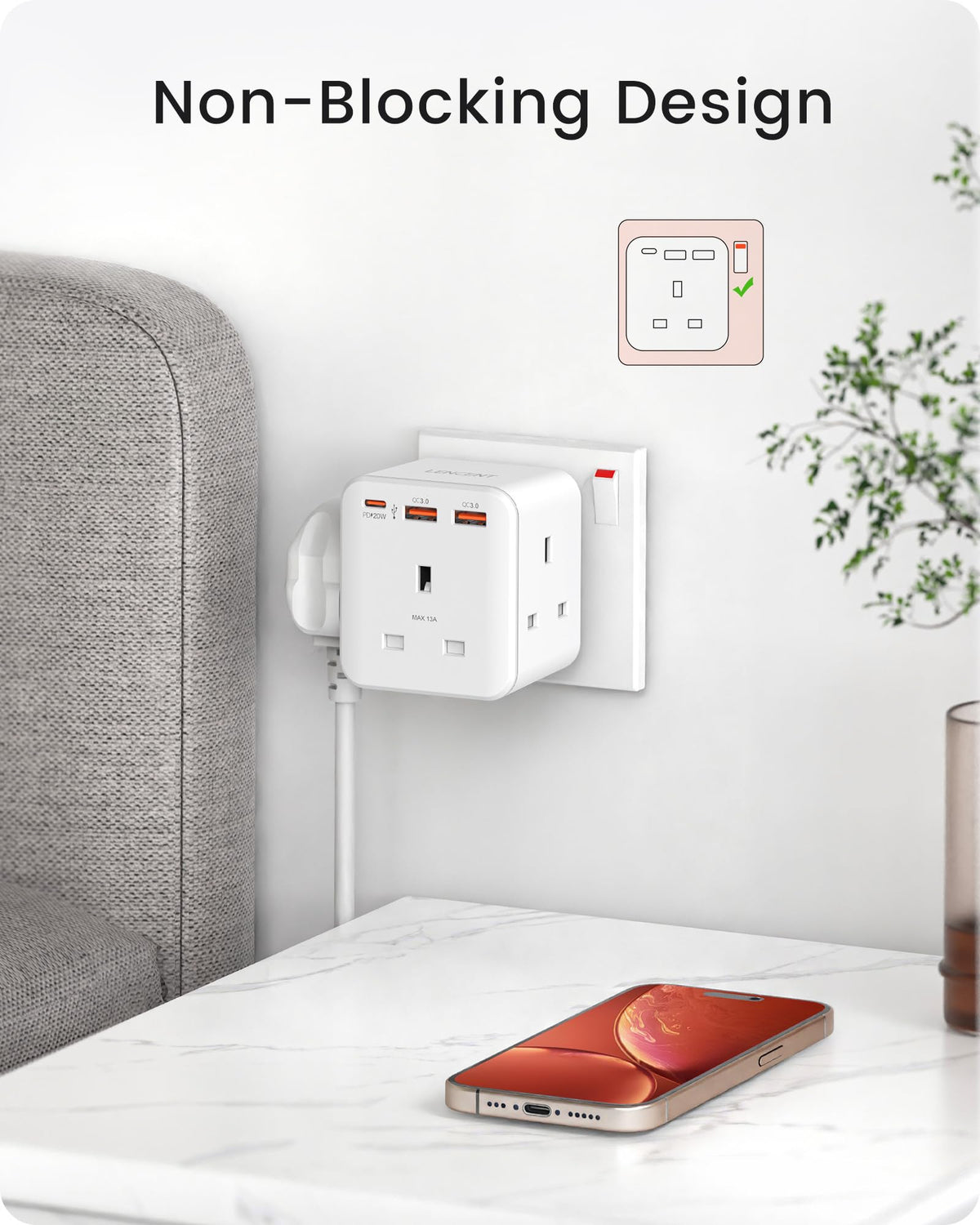LENCENT Multi Plug Extension with 2 USB, 3 Way 3 Plugs Socket Adapter
