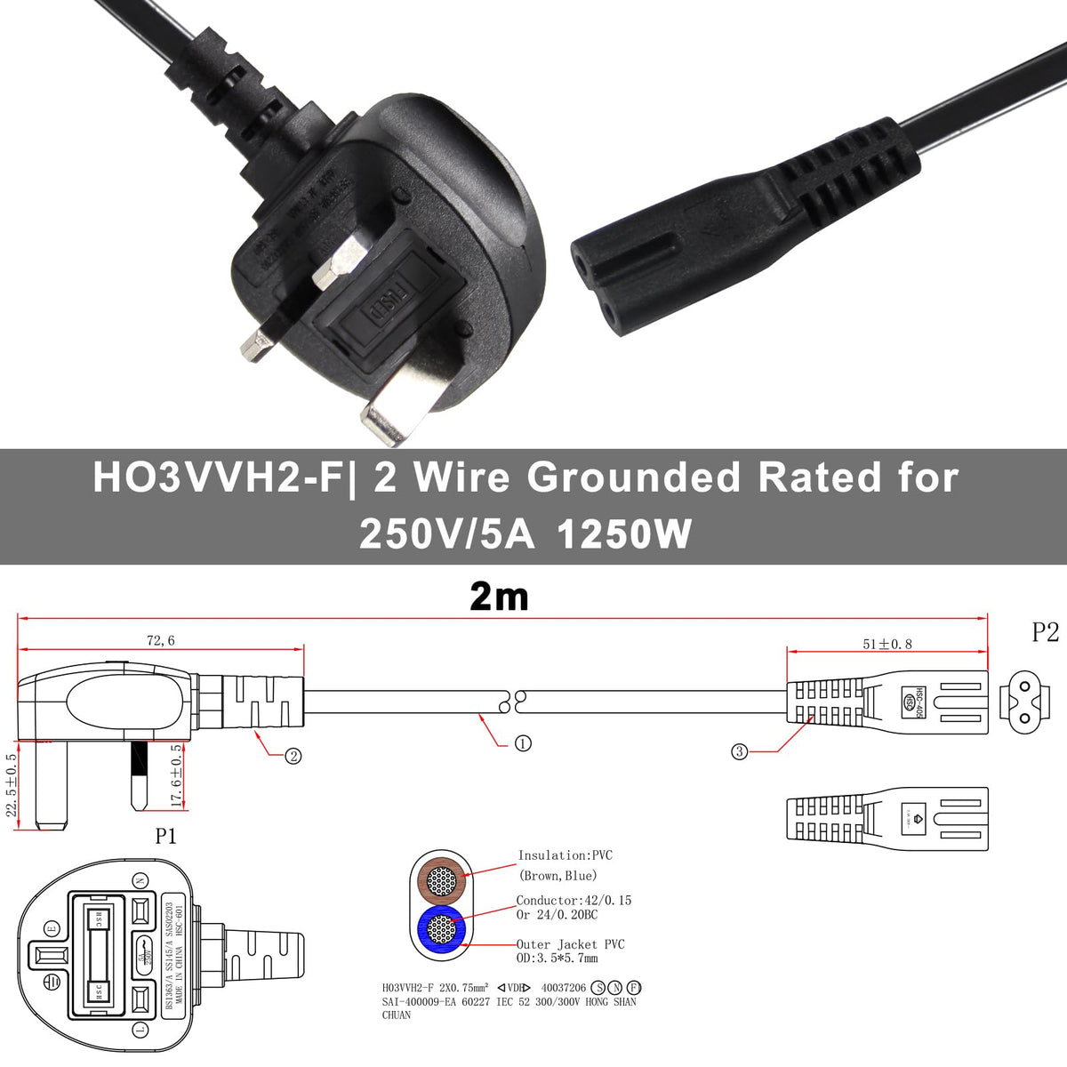 power 5M UK 3PIN Plug to IEC C7 Figure 8 Replacement Mains Cable Compatible with PS5, Xbox Series X, tv, Samsung, LG, Sony