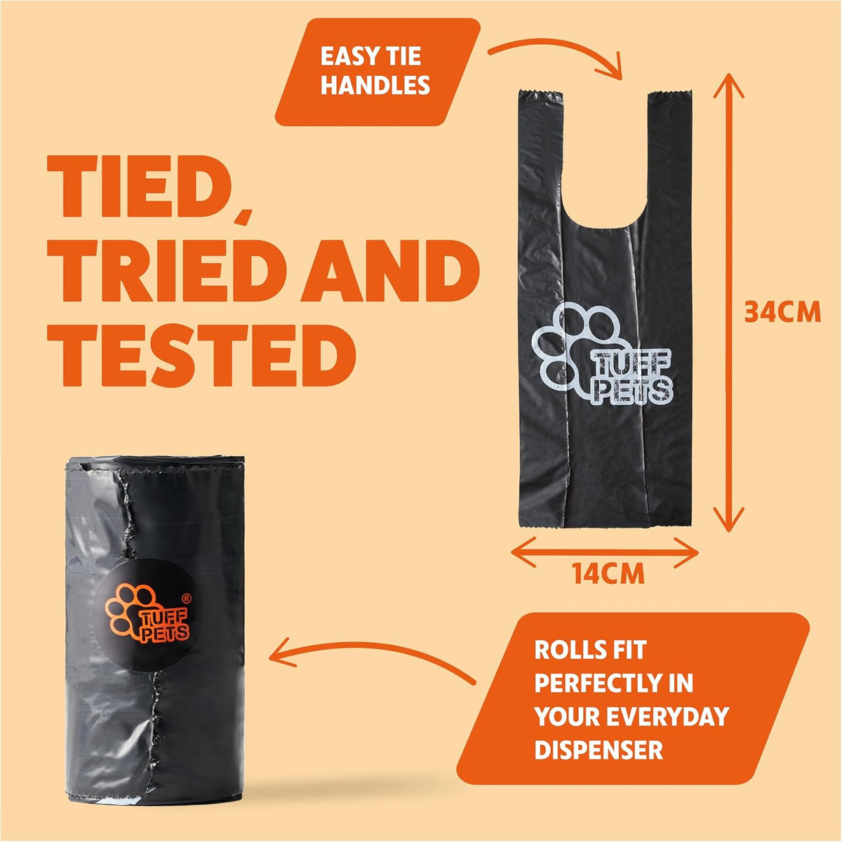 Tuff Pets Dog Poo Bags with Tie Handles, Extra Thick and Strong, 16 Rolls