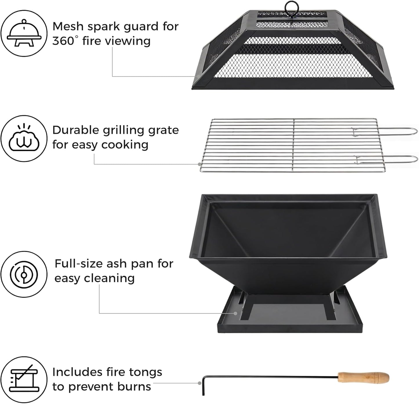 Square Fire Pit with BBQ Grill, Metal Fire Pit BBQ with Mesh Lid & Poker, Outdoor Garden Patio Heater Firepit, Sturdy and Durable Iron Construction - Great for Camping, Picnics or the Garden
