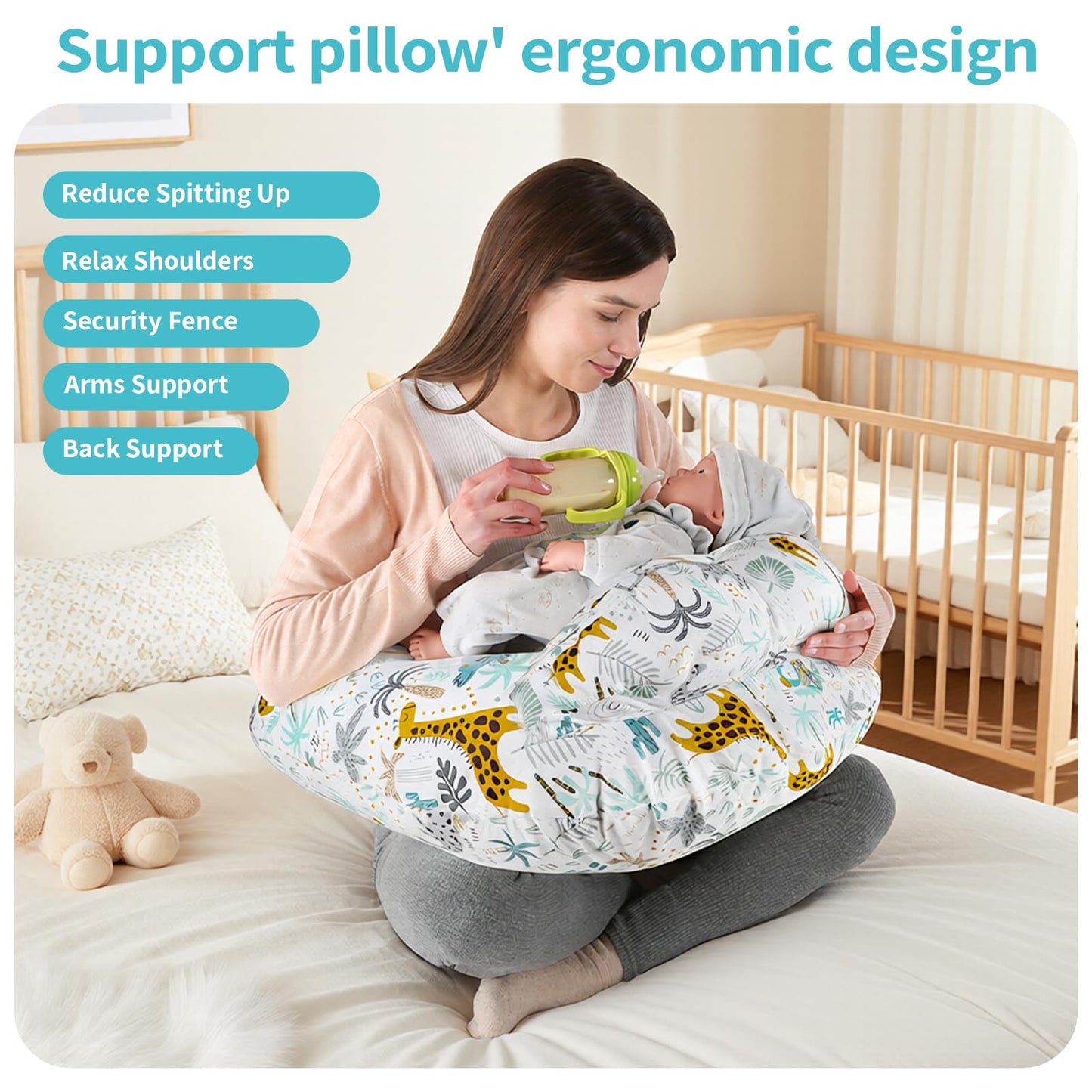 Labtec Nursing Pillow for Breastfeeding Baby, Multifunctional Breast Feeding Pillow with Adjustable Waist Strap and Safety Fence, 100% Cotton Removable Pillowcase, Forest Friends